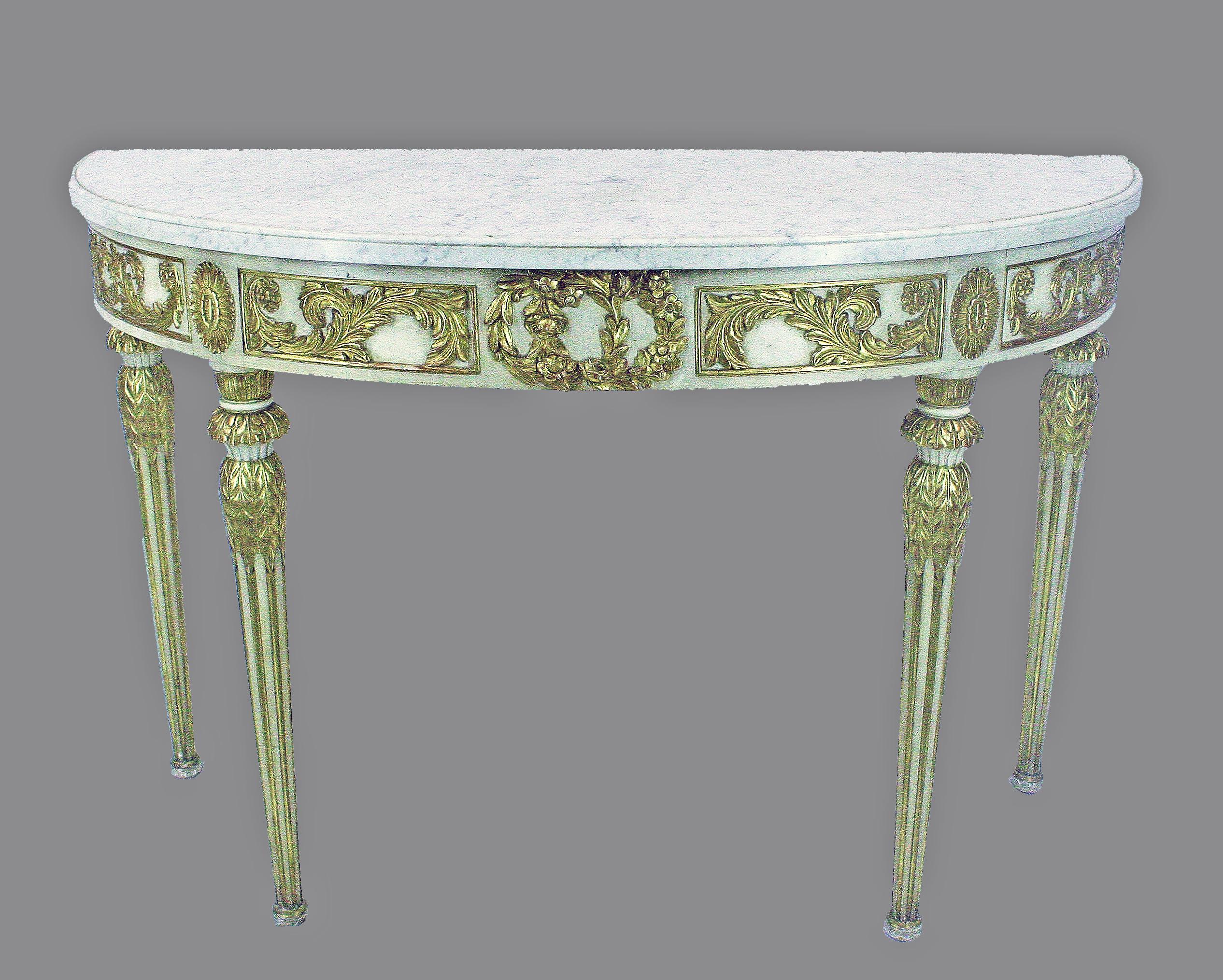 Mid-20th century argentine Empire Revival giltwood and marble demi-lune table/console by Maison Jansen

By: Maison Jansen
Material: marble, giltwood, paint, wood, lacquer
Technique: carved, gilt, hand-carved, hand-crafted, hand-painted,