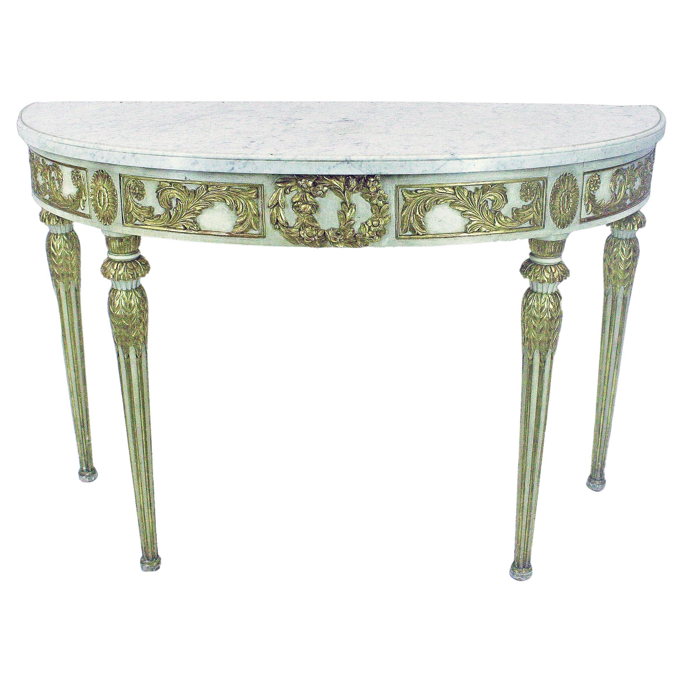 Consola Demi-Lune de mármol y madera dorada argentina de mediados del siglo XX por Maison Jansen en venta