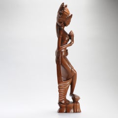 Mid 20th C Art Deco Balinese Indonesia Wood Carved Women Lady Statue Bali