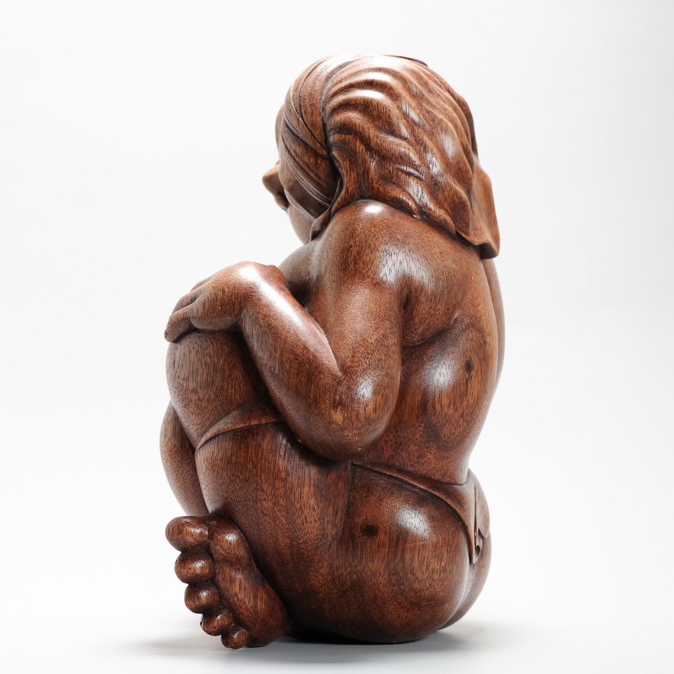 20th Century Mid 20th C Art Deco Balinese Indonesia Wood Carved Women Lady Statue Bali For Sale