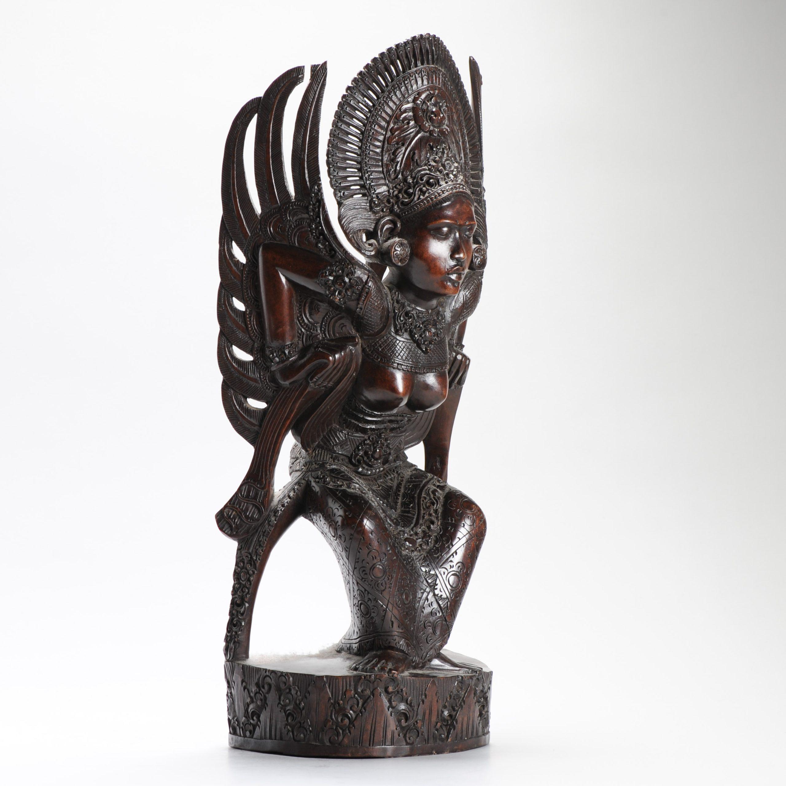 Mid 20th C Art Deco Balinese Indonesia Wood Carved Women Lady Statue Bali For Sale 2