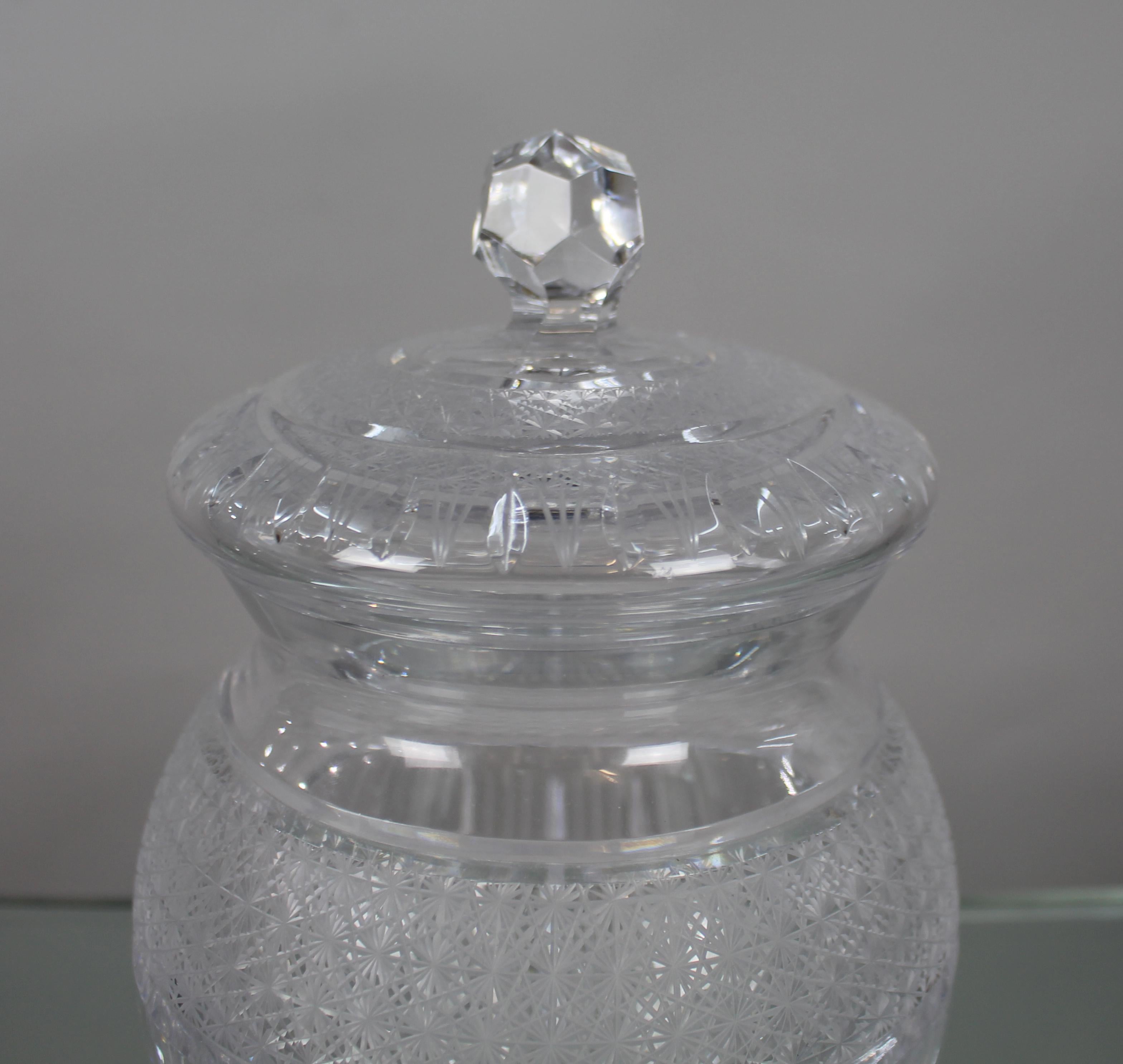 European Mid 20th c. Bohemian Cut Glass Lidded Biscuit Jar For Sale