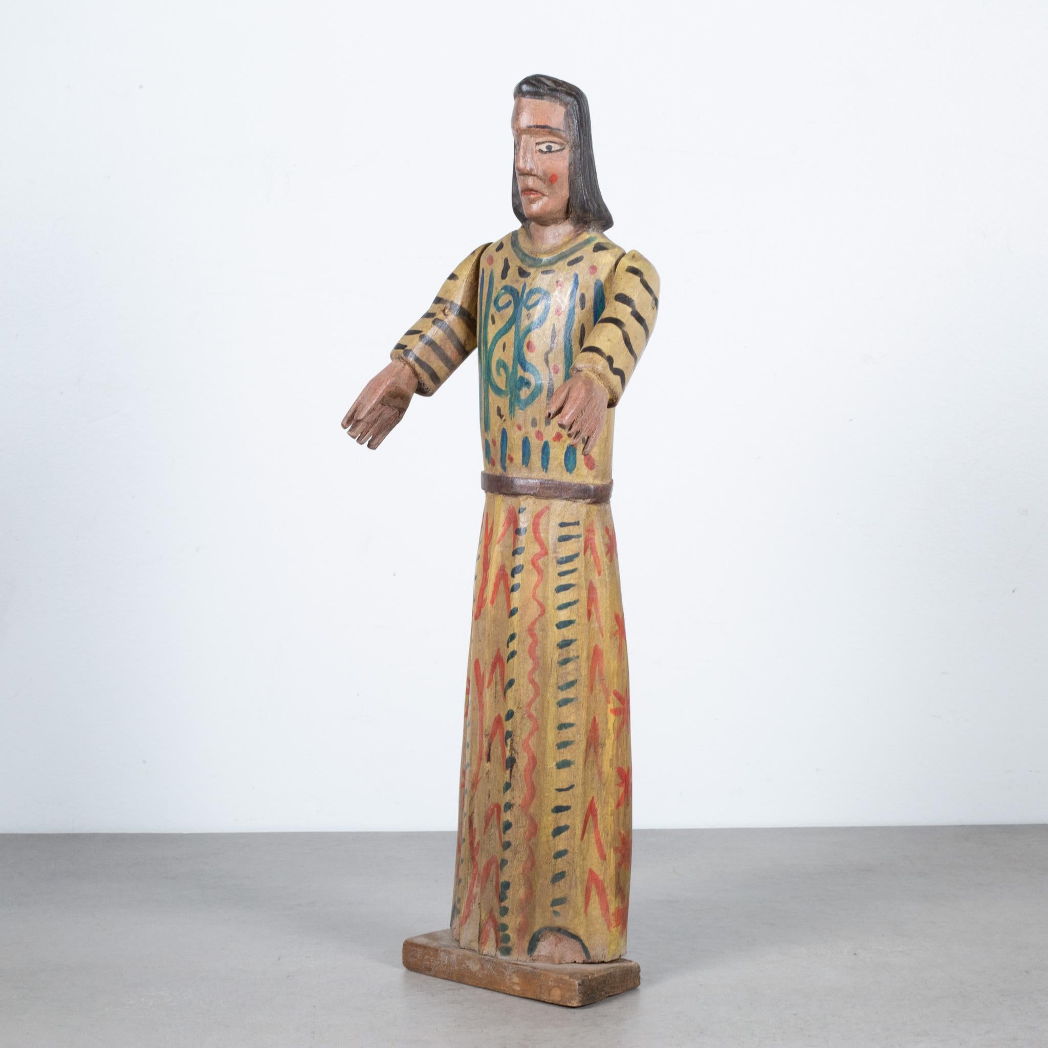 About

A hand painted carved wooden Mexican or Central American Santo (saint) with articulating arms.

 Creator unknown.
Date of manufacture circa 1950-1960.
Materials and techniques carved, painted wood.
Condition good. Wear consistent with