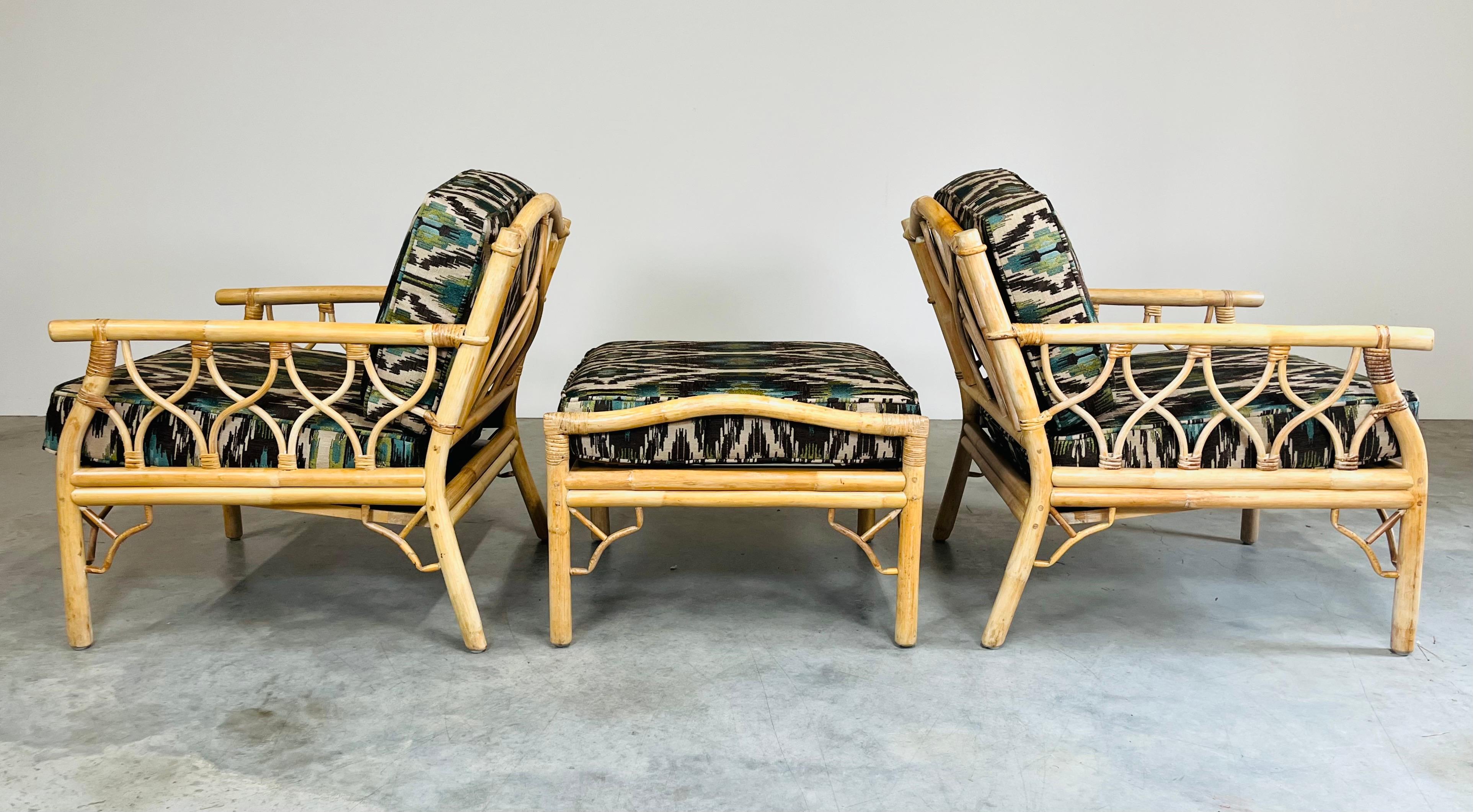 Mid 20th c. Chinese Chippendale Bamboo Rattan Lounge Chairs & Matching Ottoman For Sale 4