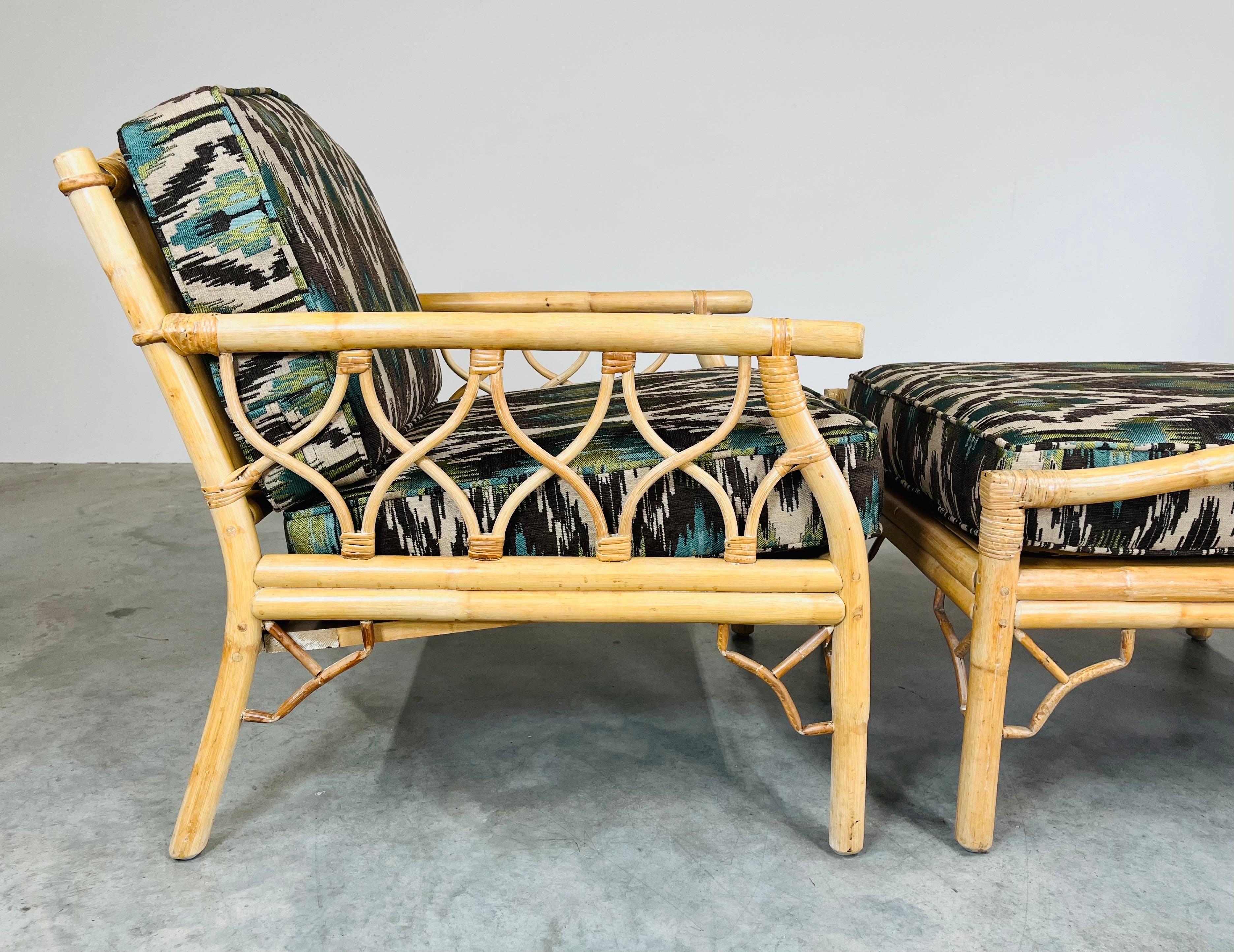 Mid 20th c. Chinese Chippendale Bamboo Rattan Lounge Chairs & Matching Ottoman For Sale 5