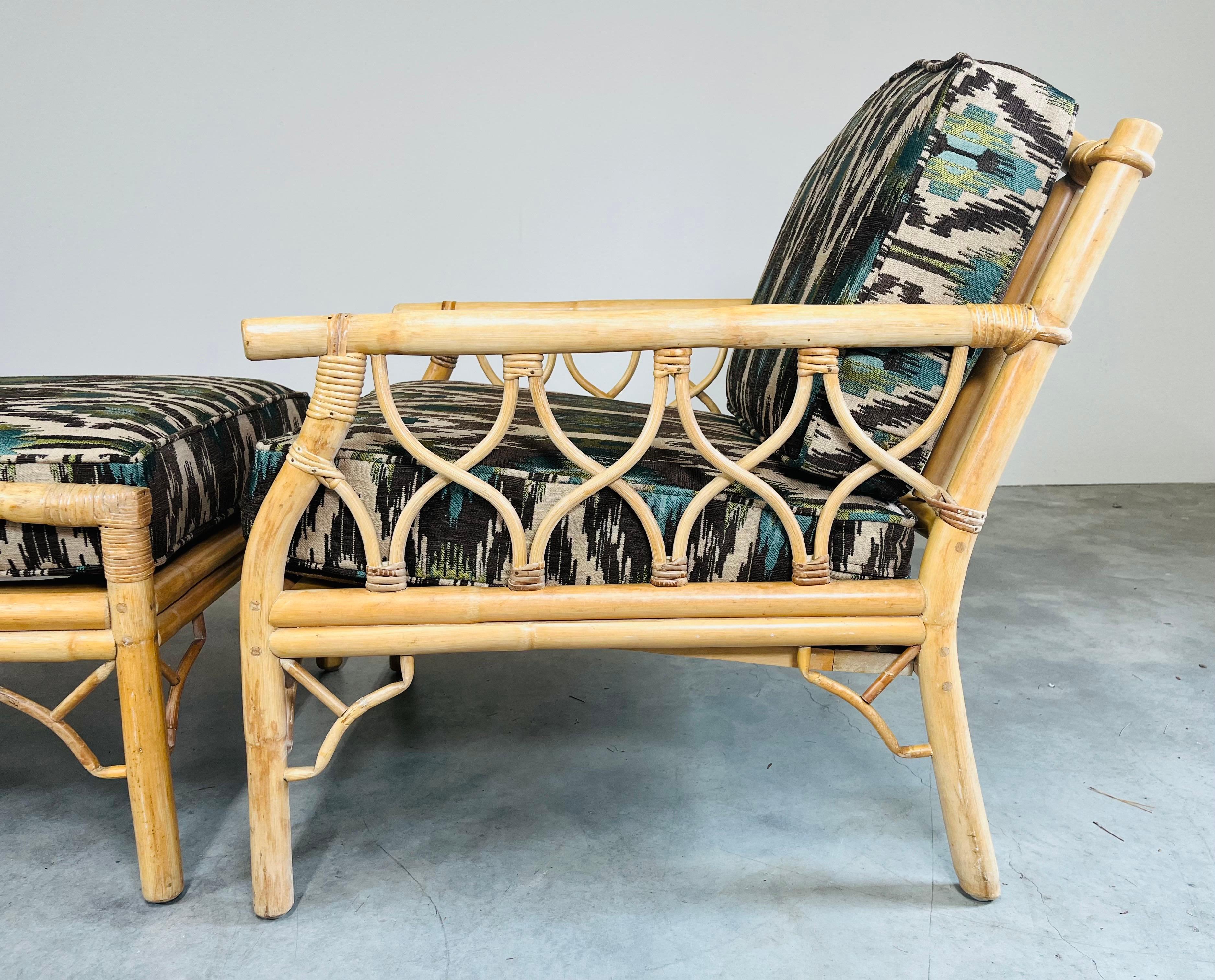 Mid 20th c. Chinese Chippendale Bamboo Rattan Lounge Chairs & Matching Ottoman For Sale 7