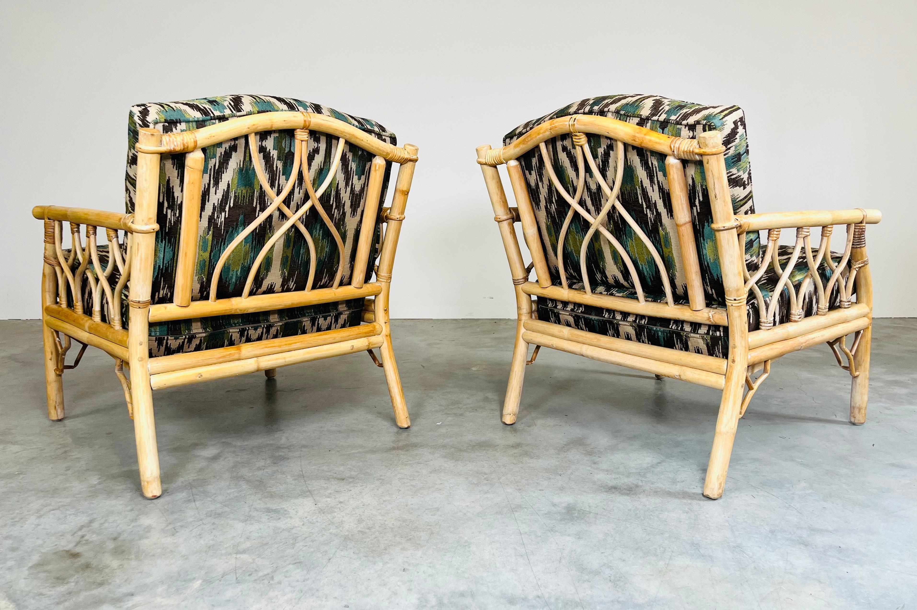 Mid 20th c. Chinese Chippendale Bamboo Rattan Lounge Chairs & Matching Ottoman For Sale 8