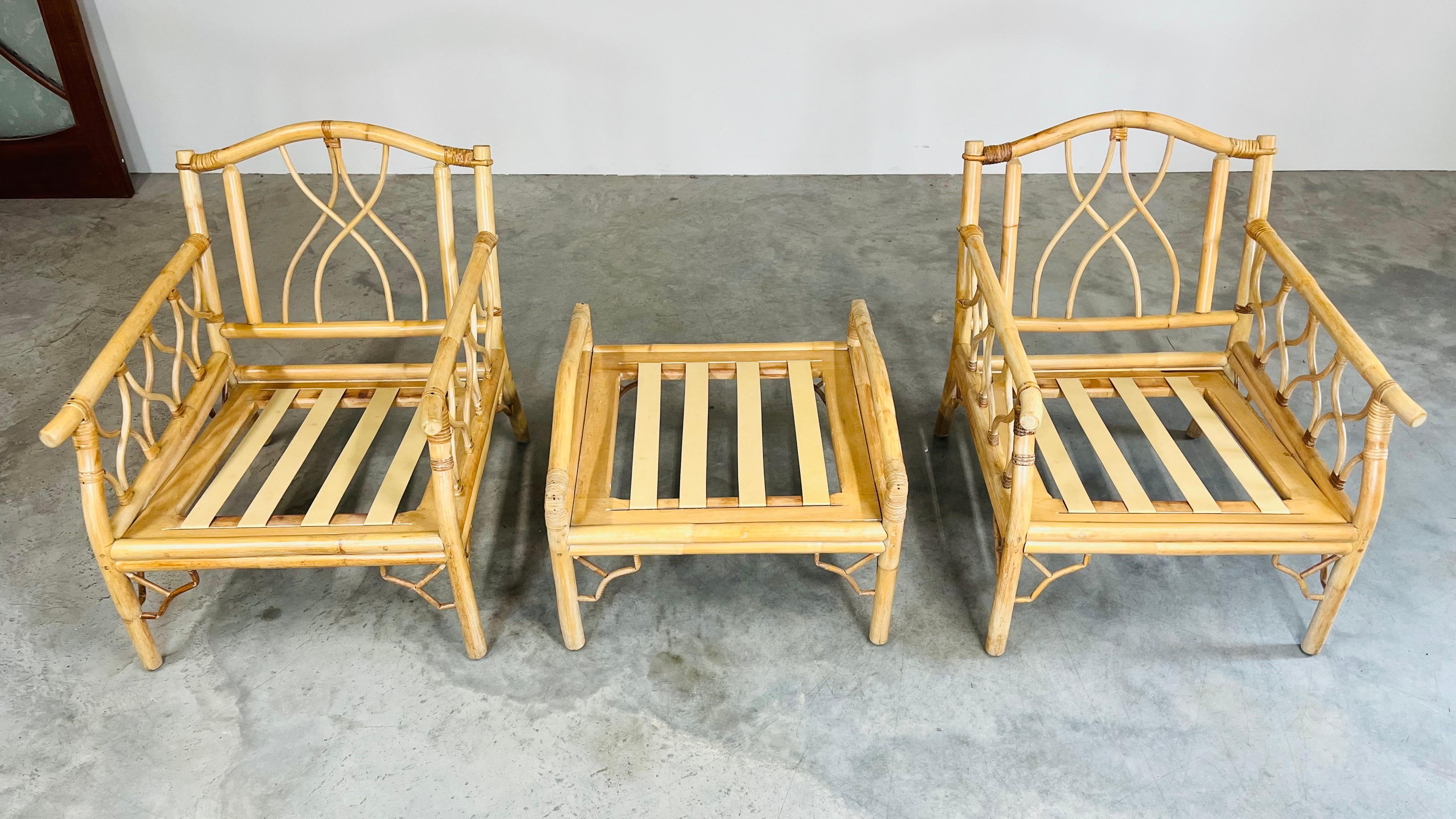 Mid 20th c. Chinese Chippendale Bamboo Rattan Lounge Chairs & Matching Ottoman For Sale 9