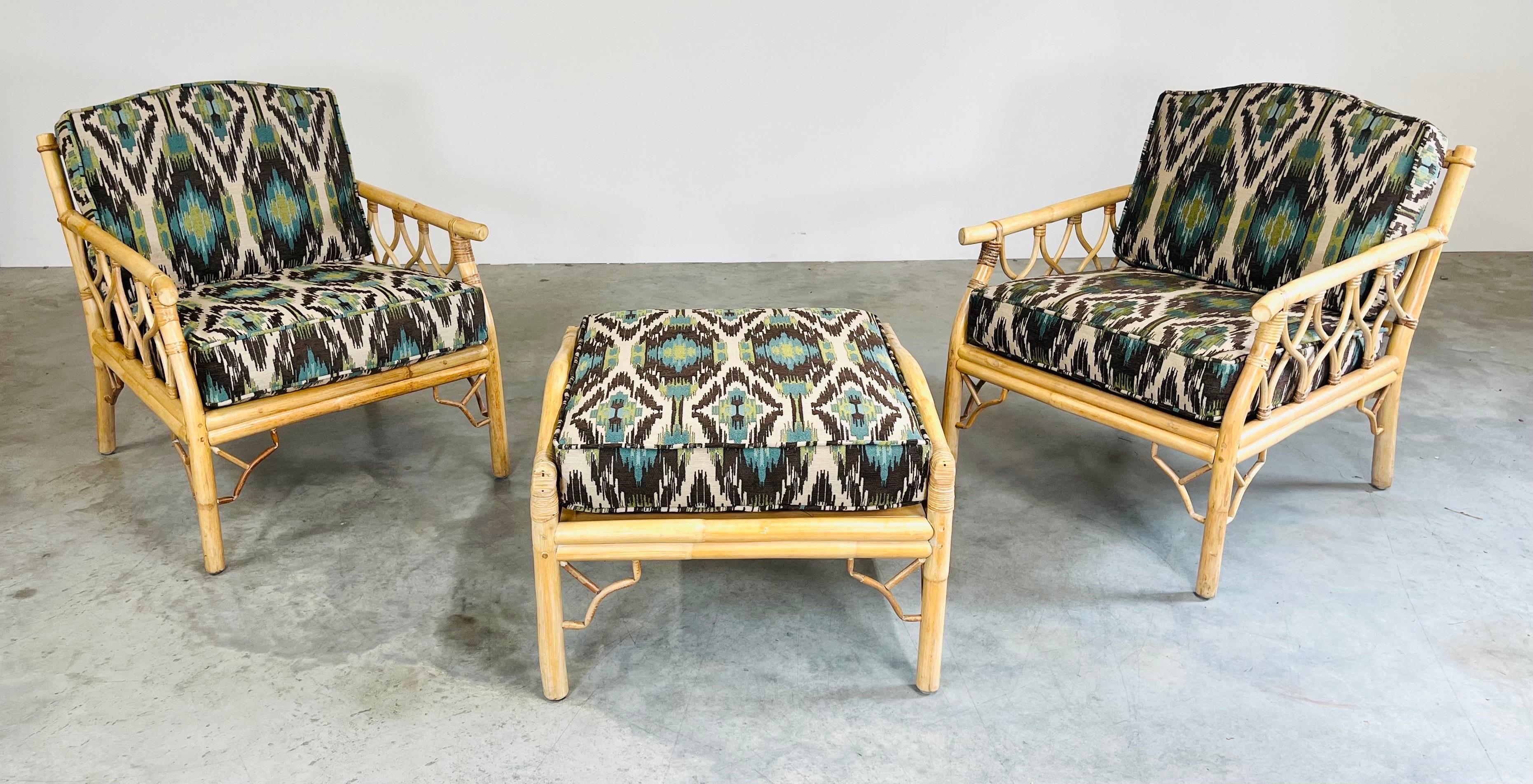 American Mid 20th c. Chinese Chippendale Bamboo Rattan Lounge Chairs & Matching Ottoman For Sale
