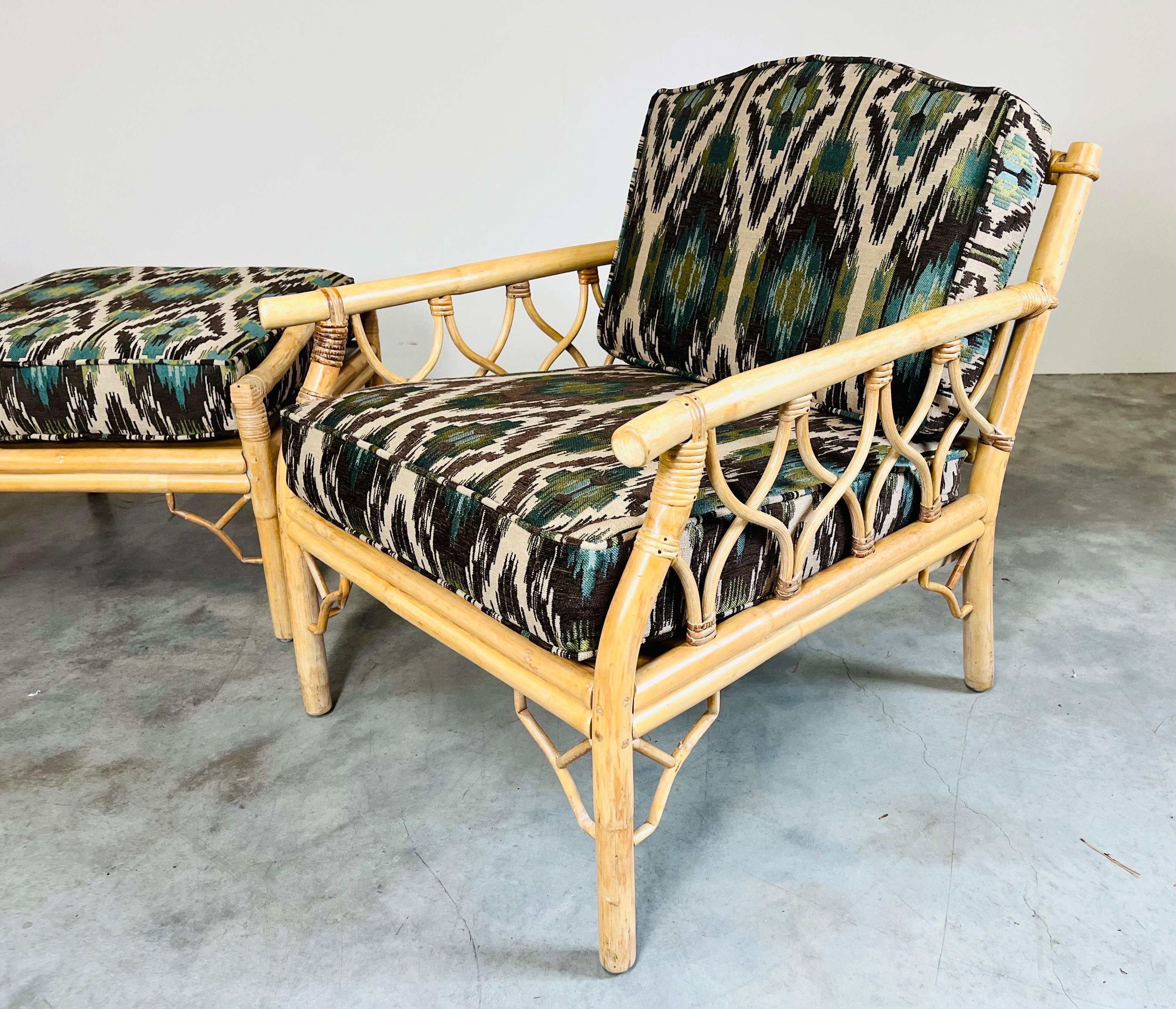 Steel Mid 20th c. Chinese Chippendale Bamboo Rattan Lounge Chairs & Matching Ottoman For Sale