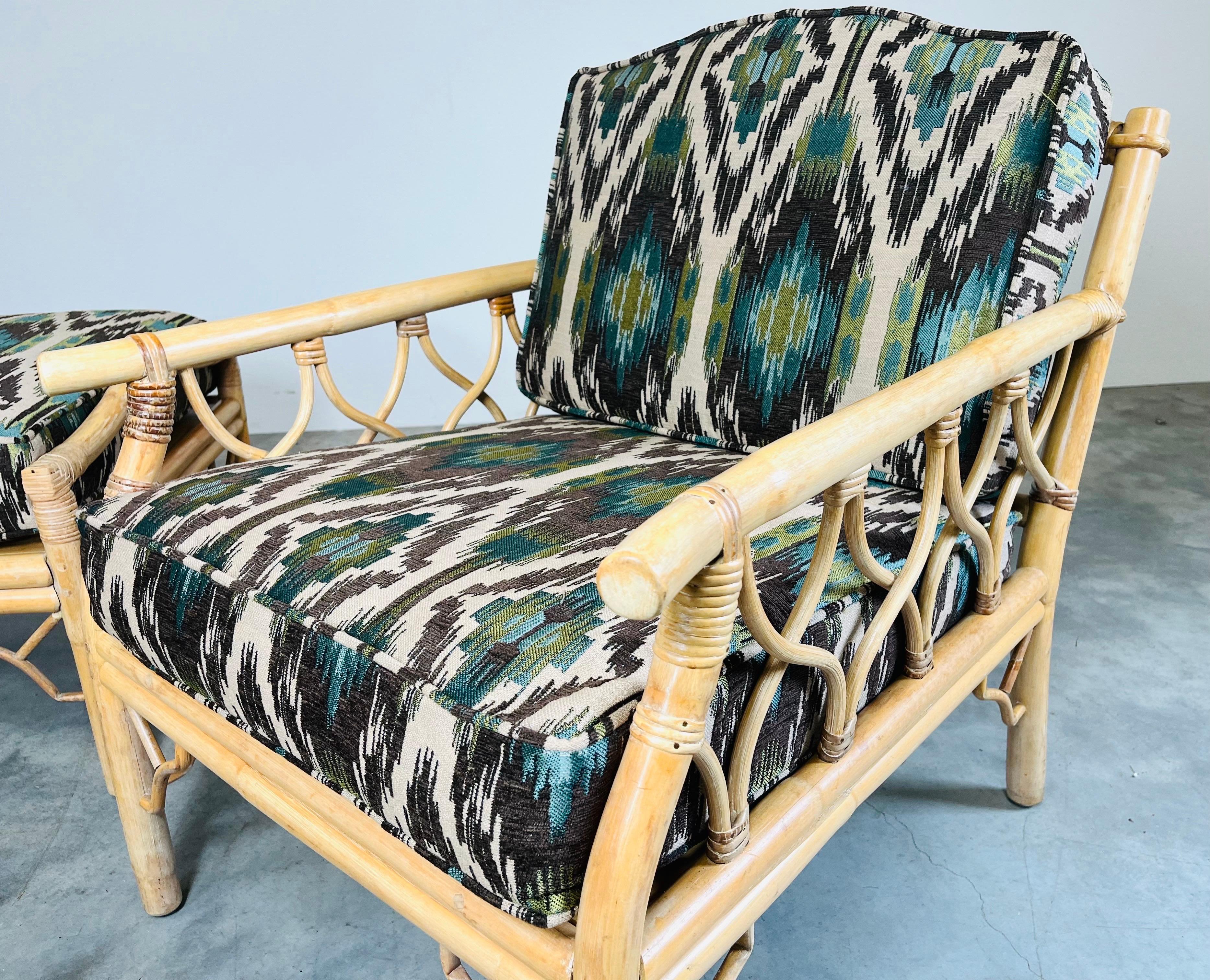 Mid 20th c. Chinese Chippendale Bamboo Rattan Lounge Chairs & Matching Ottoman For Sale 1