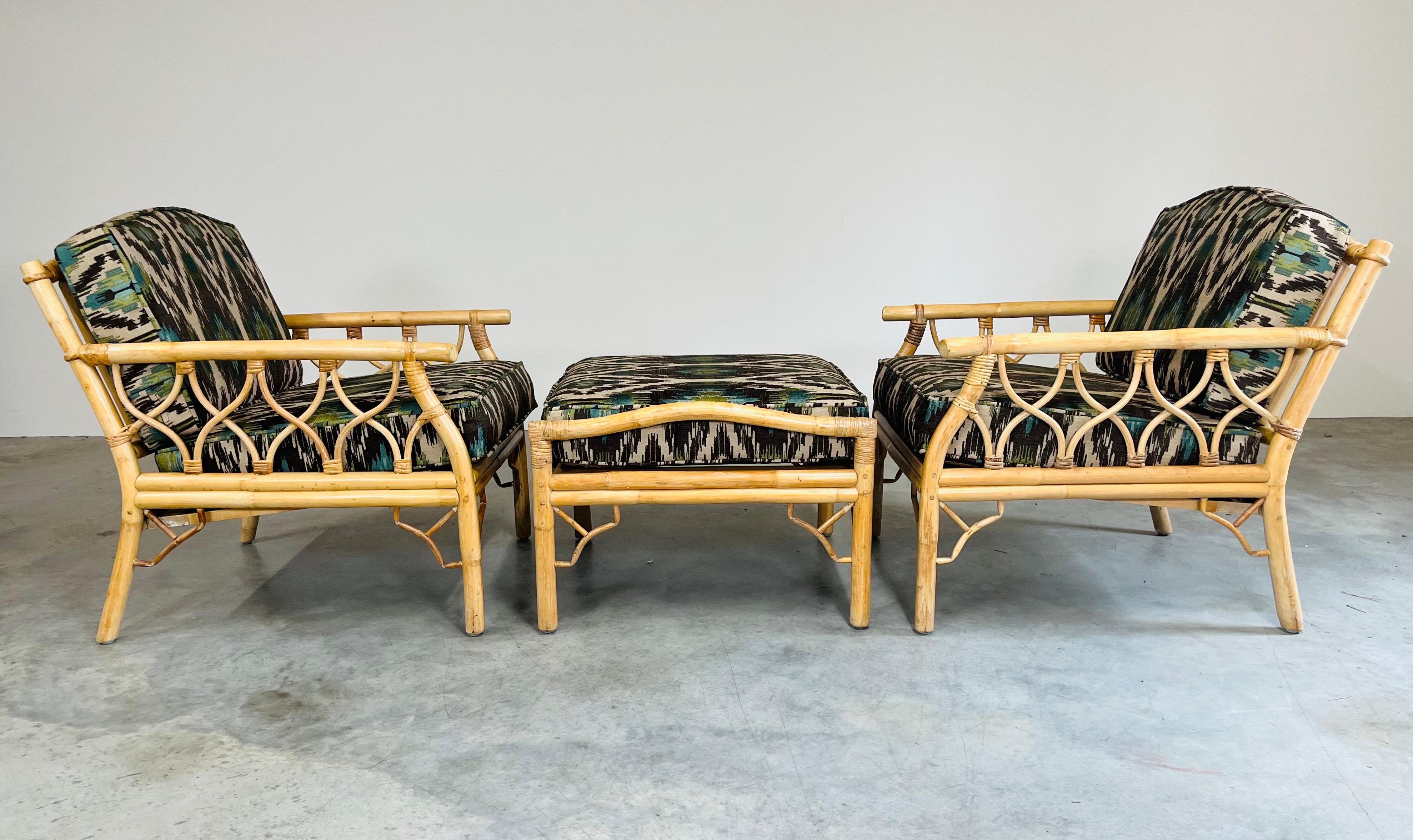 Mid 20th c. Chinese Chippendale Bamboo Rattan Lounge Chairs & Matching Ottoman For Sale 2