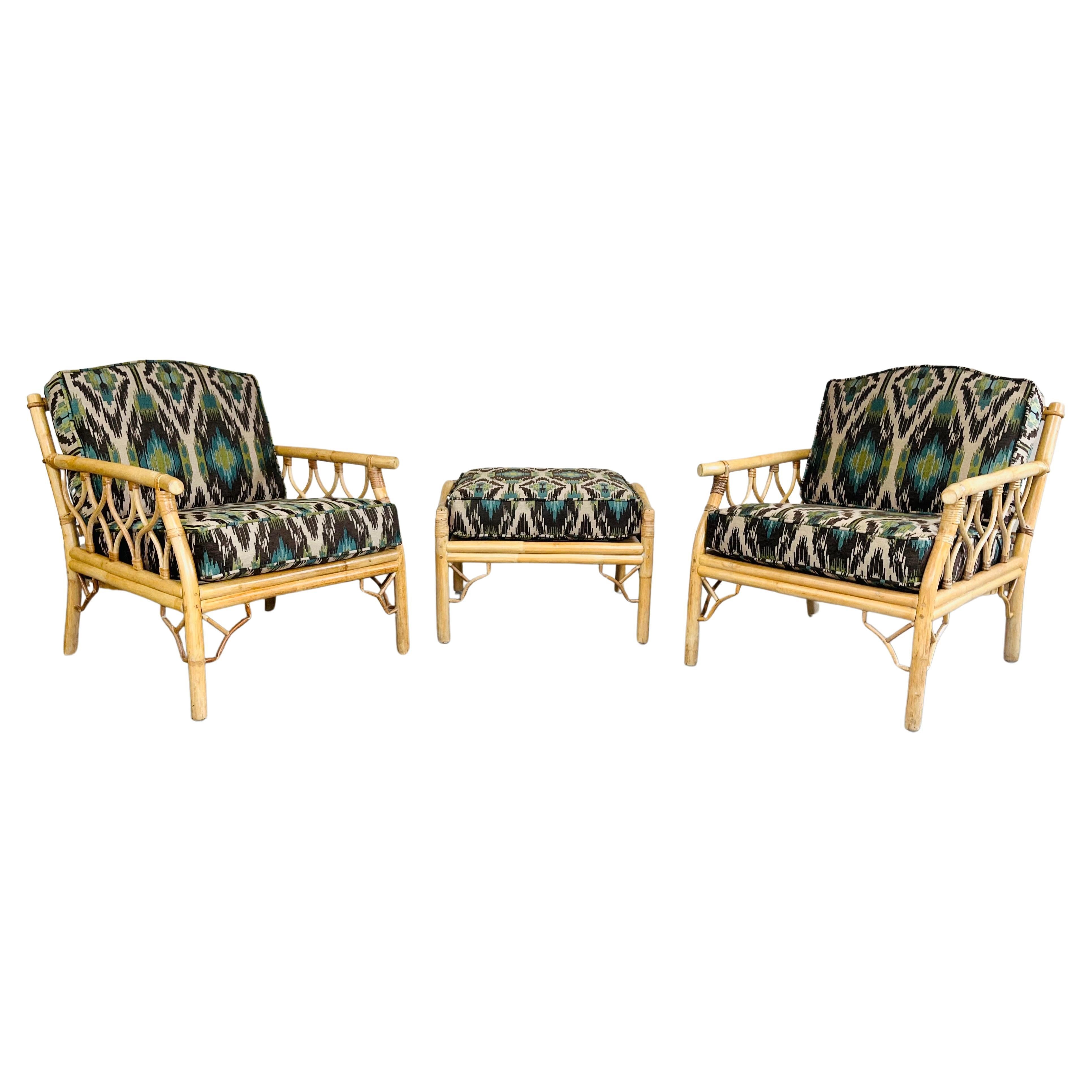 Mid 20th c. Chinese Chippendale Bamboo Rattan Lounge Chairs & Matching Ottoman