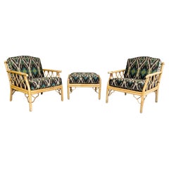 Vintage Mid 20th c. Chinese Chippendale Bamboo Rattan Lounge Chairs & Matching Ottoman