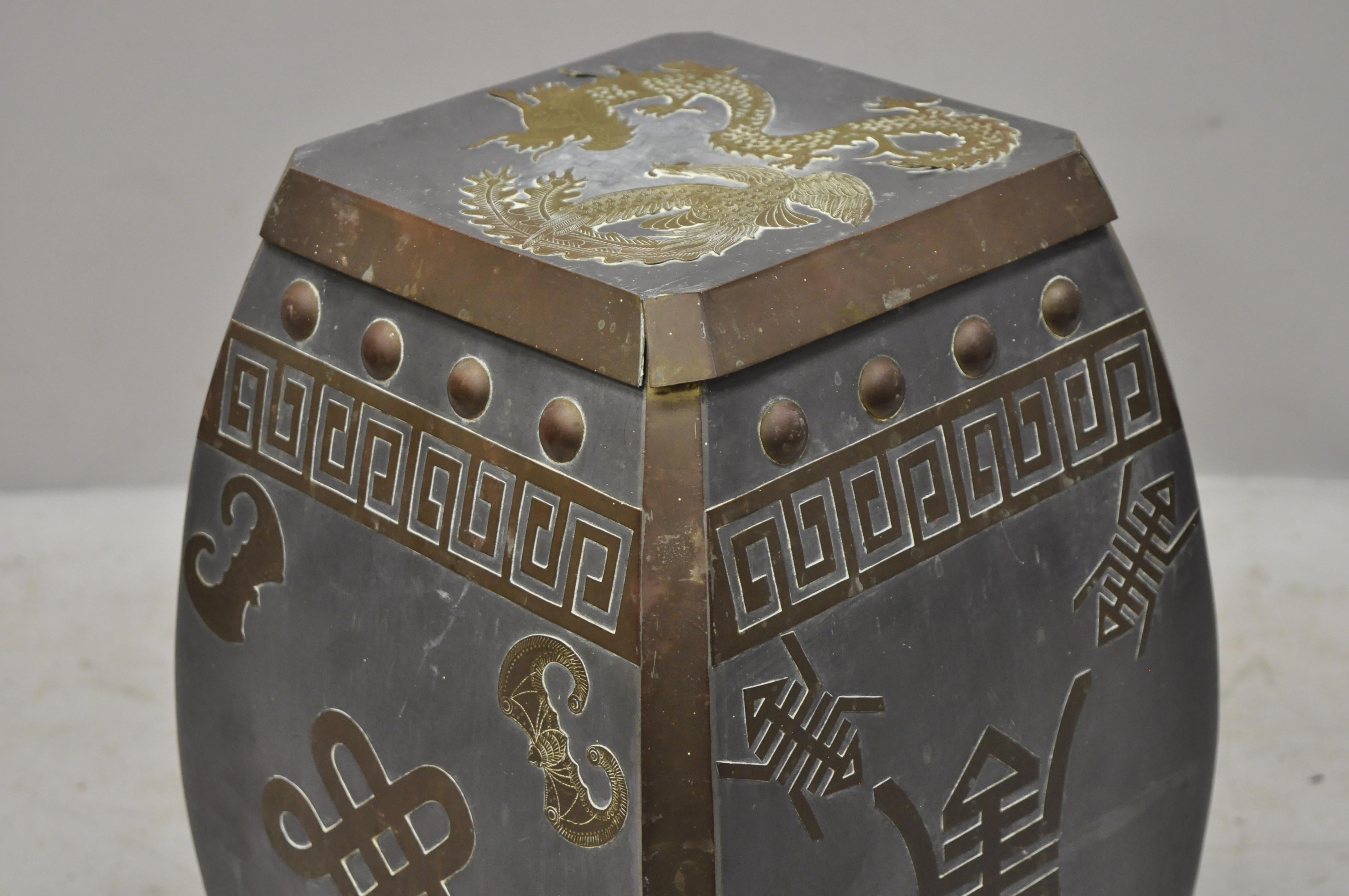 Hong Kong Mid-20th Century Chinese Oriental Pewter & Brass Garden Drum Stool Drinks Table For Sale