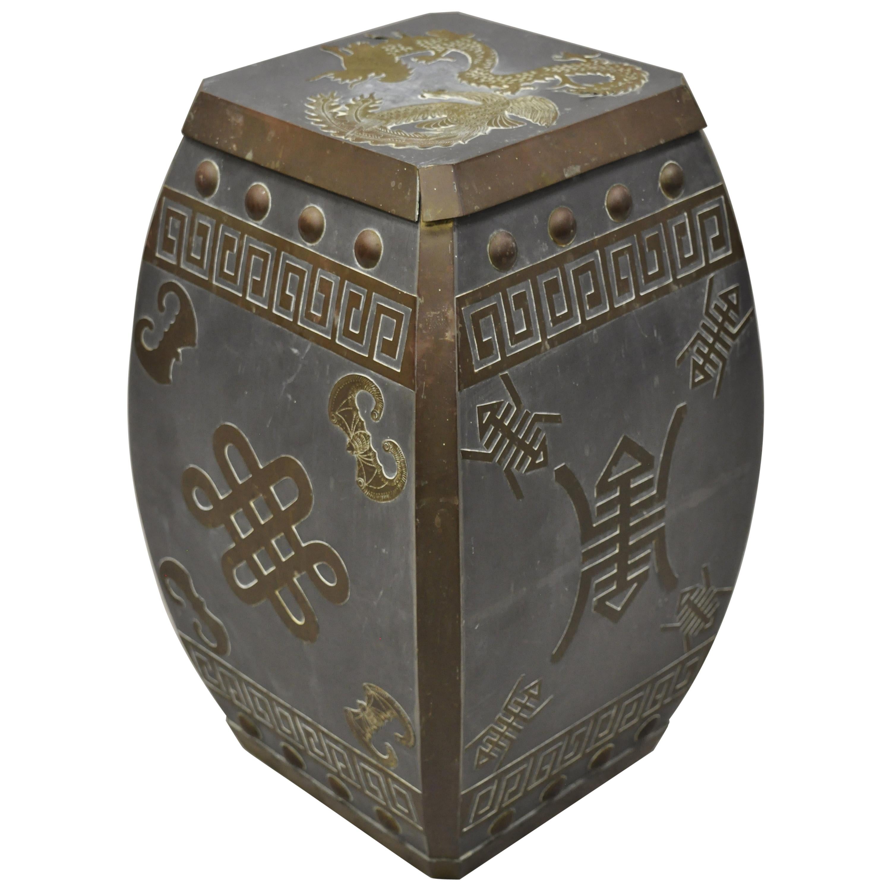 Mid-20th Century Chinese Oriental Pewter & Brass Garden Drum Stool Drinks Table For Sale