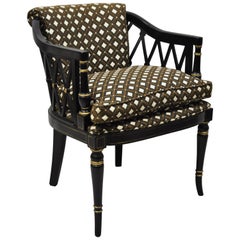 Mid 20th C English Regency Style Ebonized Black Lacquer Lattice Design Arm Chair