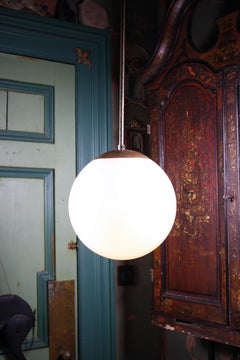 Mid-20th Century Extra Large Glass Opaline and Brass Globe Pendant Light