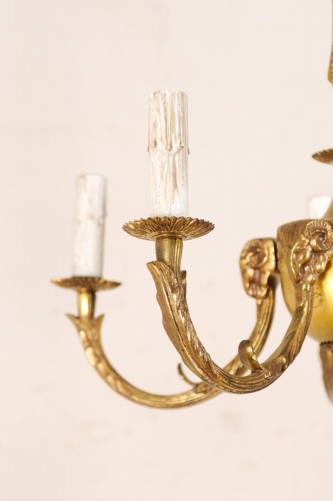 Mid-20th Century French Brass Five-Light Chandelier with Ram's Head Accents In Good Condition In Atlanta, GA