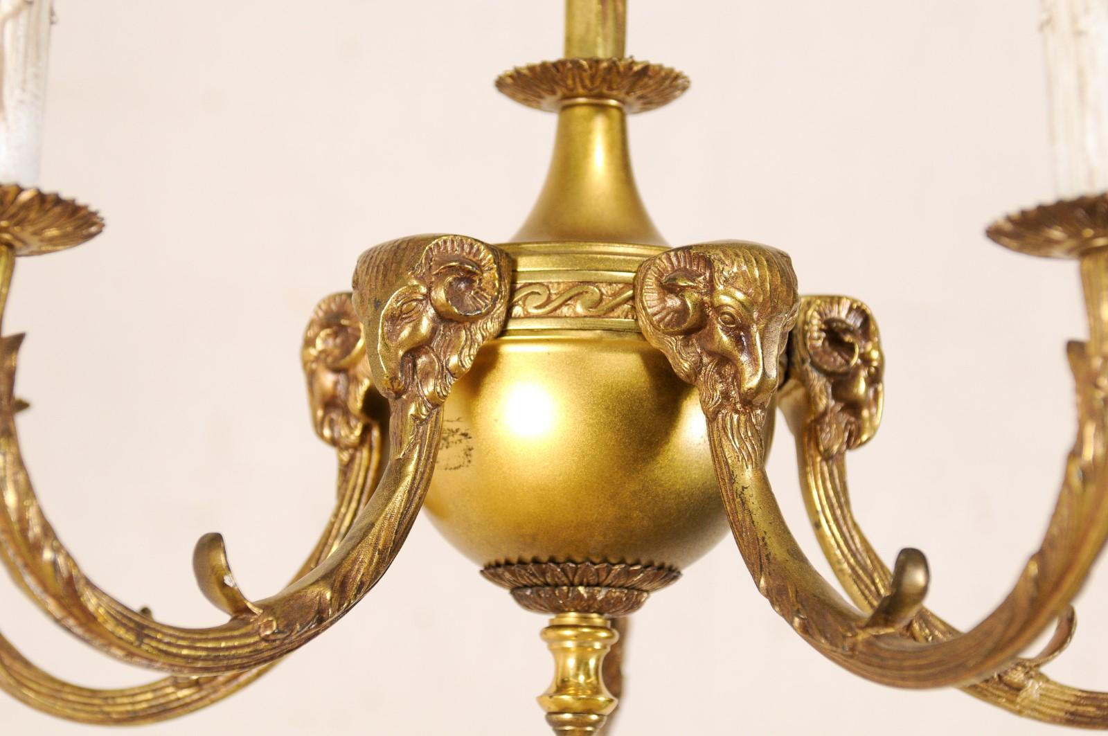 Mid-20th Century French Brass Five-Light Chandelier with Ram's Head Accents 1
