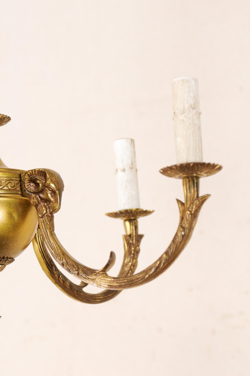Mid-20th Century French Brass Five-Light Chandelier with Ram's Head Accents 3