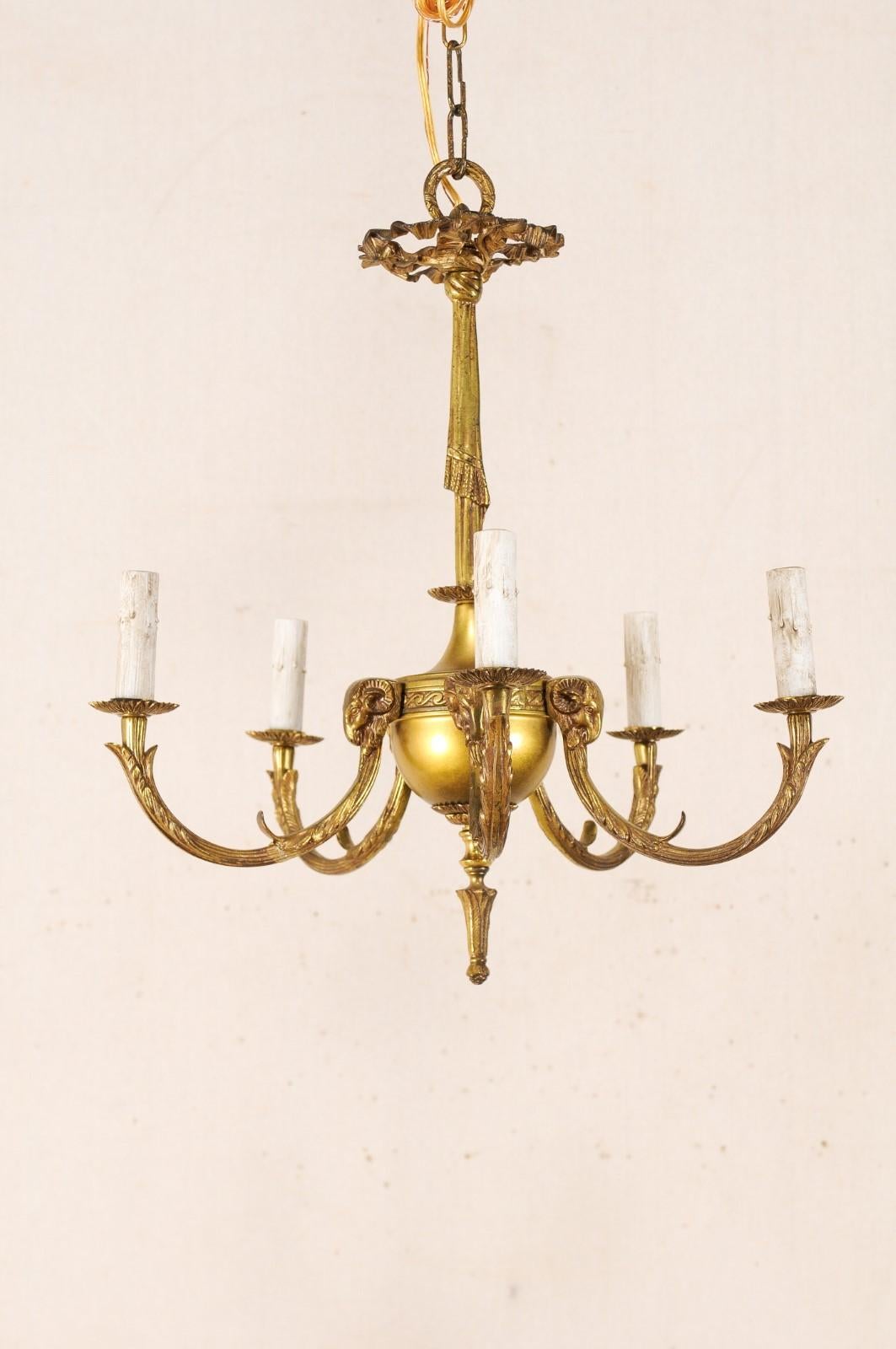 Mid-20th Century French Brass Five-Light Chandelier with Ram's Head Accents 4