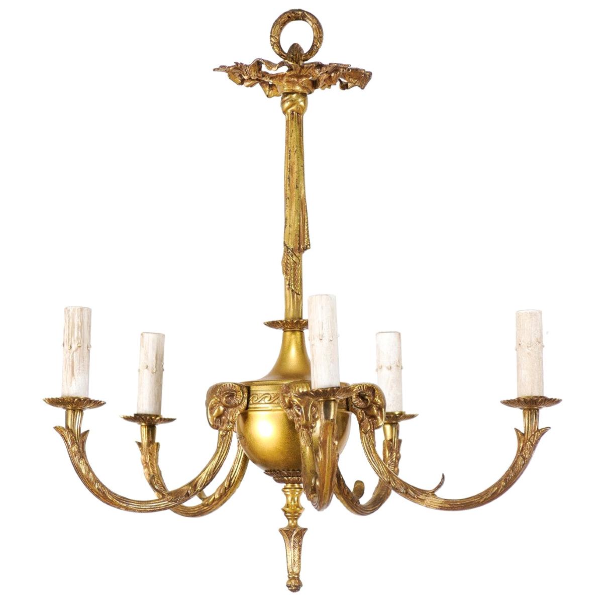 Mid-20th Century French Brass Five-Light Chandelier with Ram's Head Accents