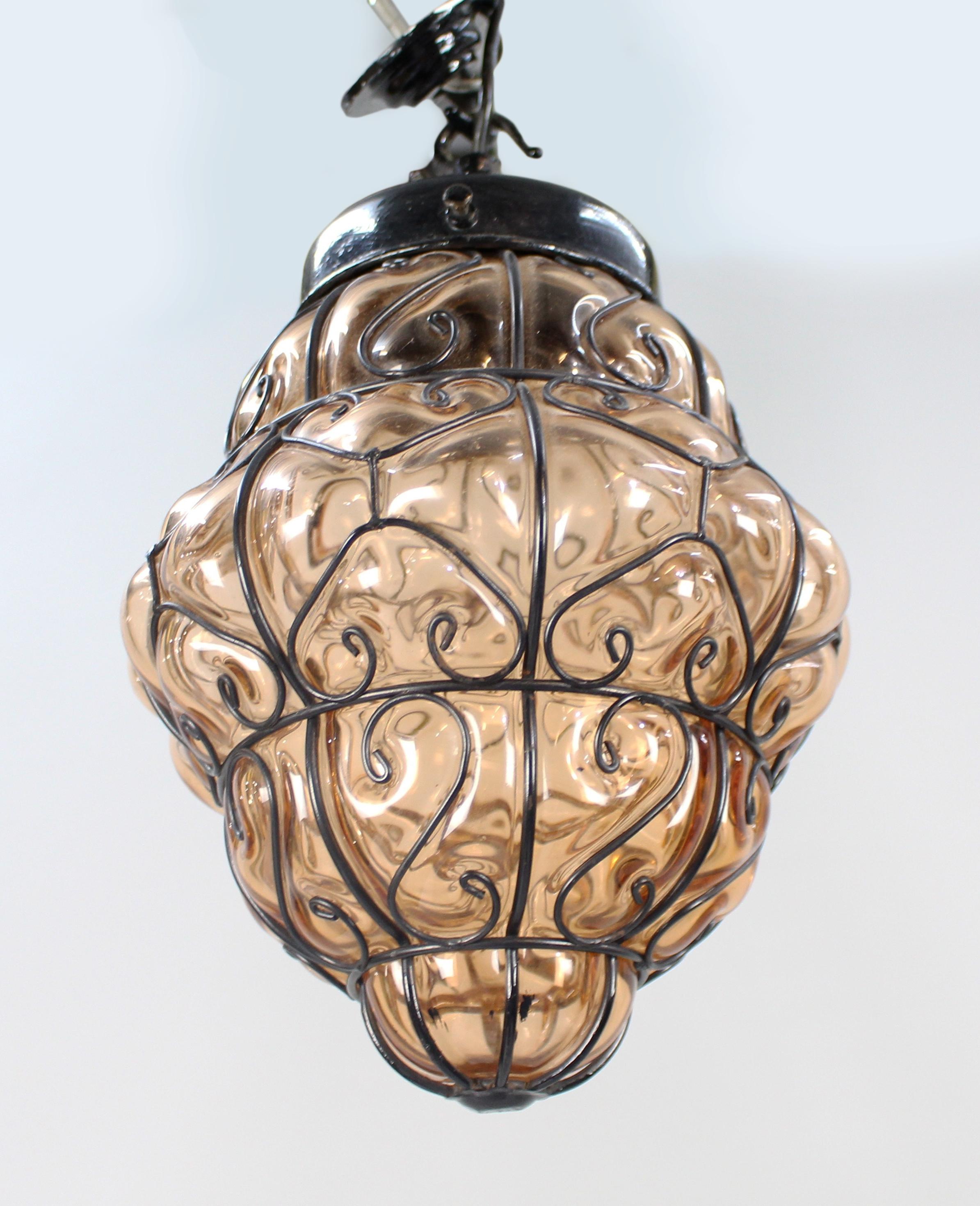 Italian Mid 20th C. Handblown Seguso Murano Amber Glass Caged Pendant Light For Sale