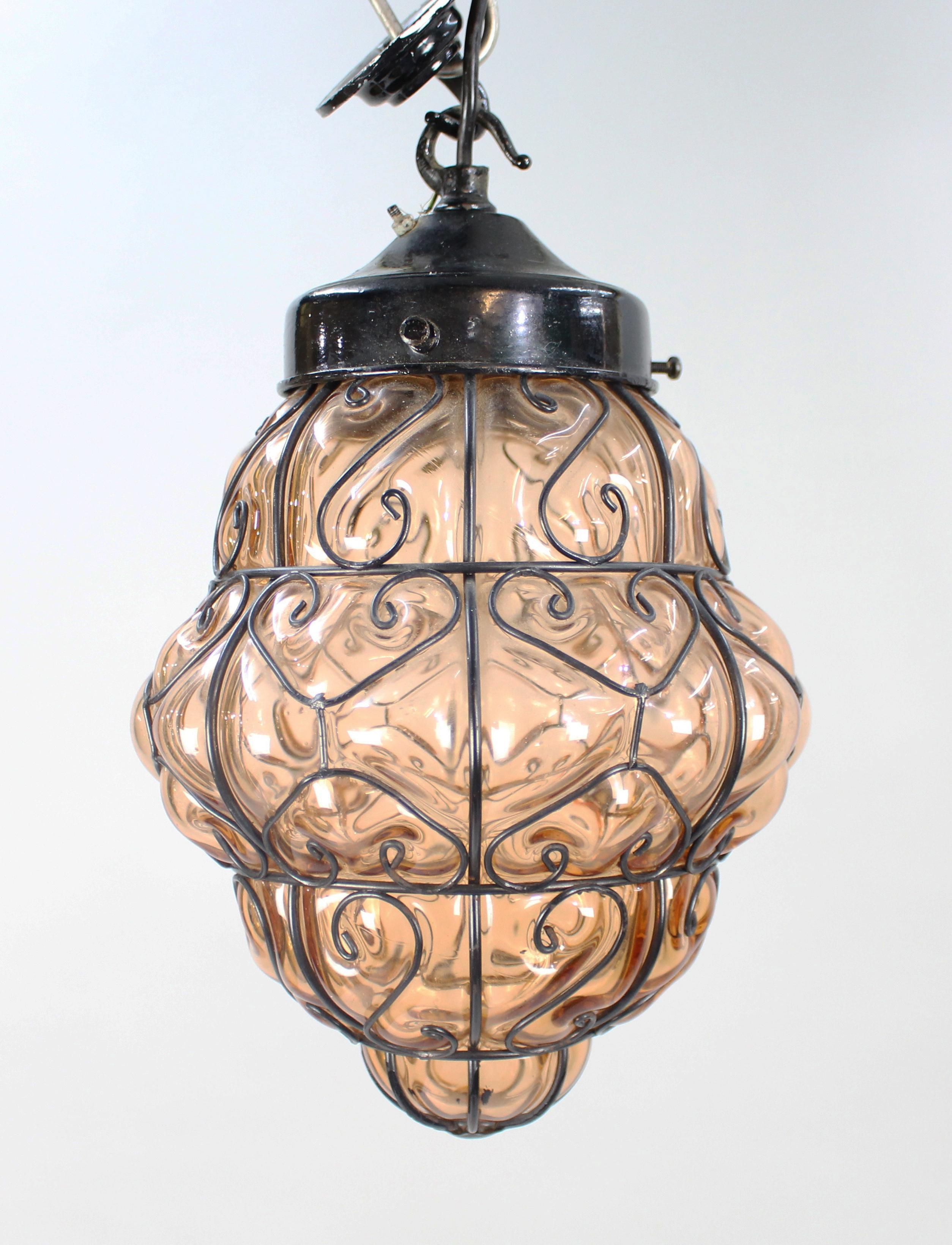 20th Century Mid 20th C. Handblown Seguso Murano Amber Glass Caged Pendant Light For Sale