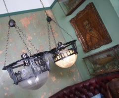 Mid-20th Century Huge Pair of Holophane Glass Chapel Lanterns Lights Chandeliers