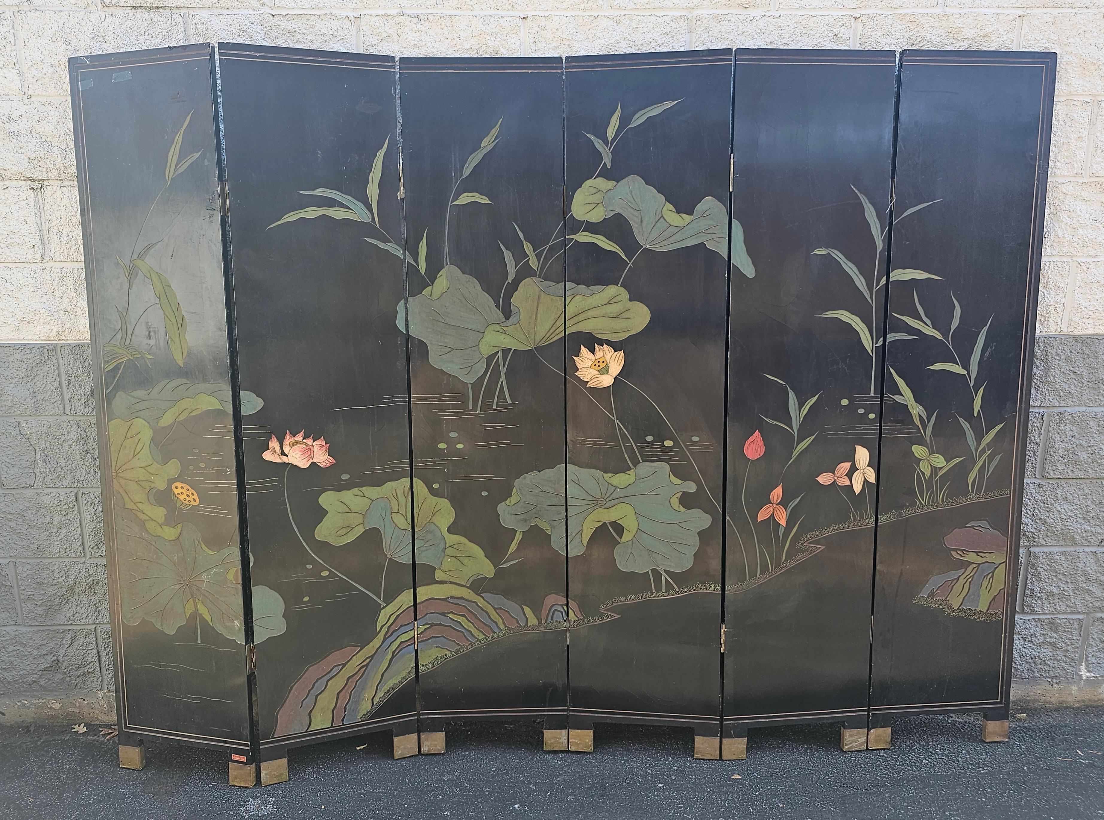 Mid-20th C. Imperial East Coromandel Etched and Painted Six-Fold Floor Screen For Sale 3