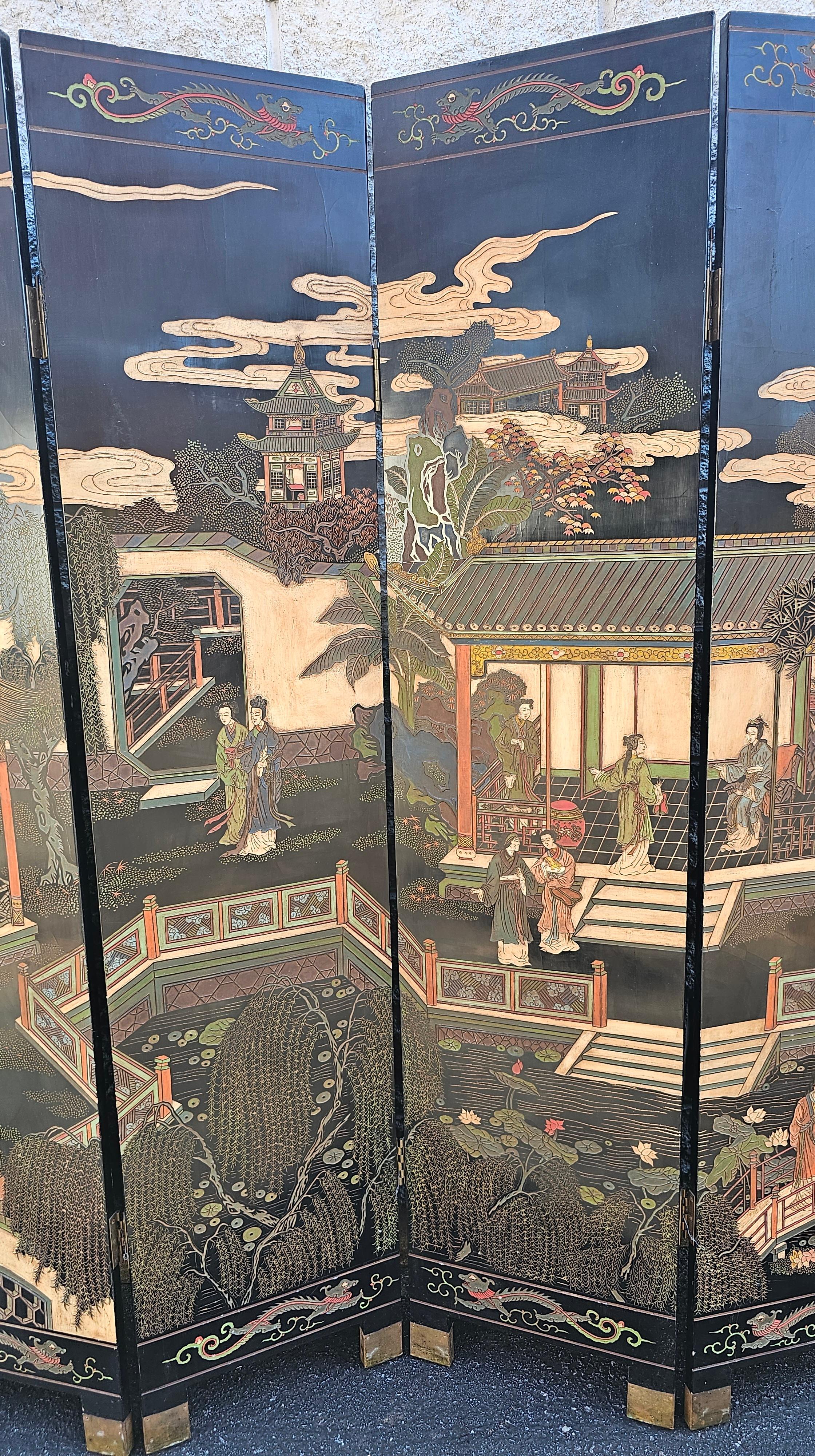 Moderne Paravent impérial East Coromandel du milieu du 20e siècle gravé et peint à six volets en vente