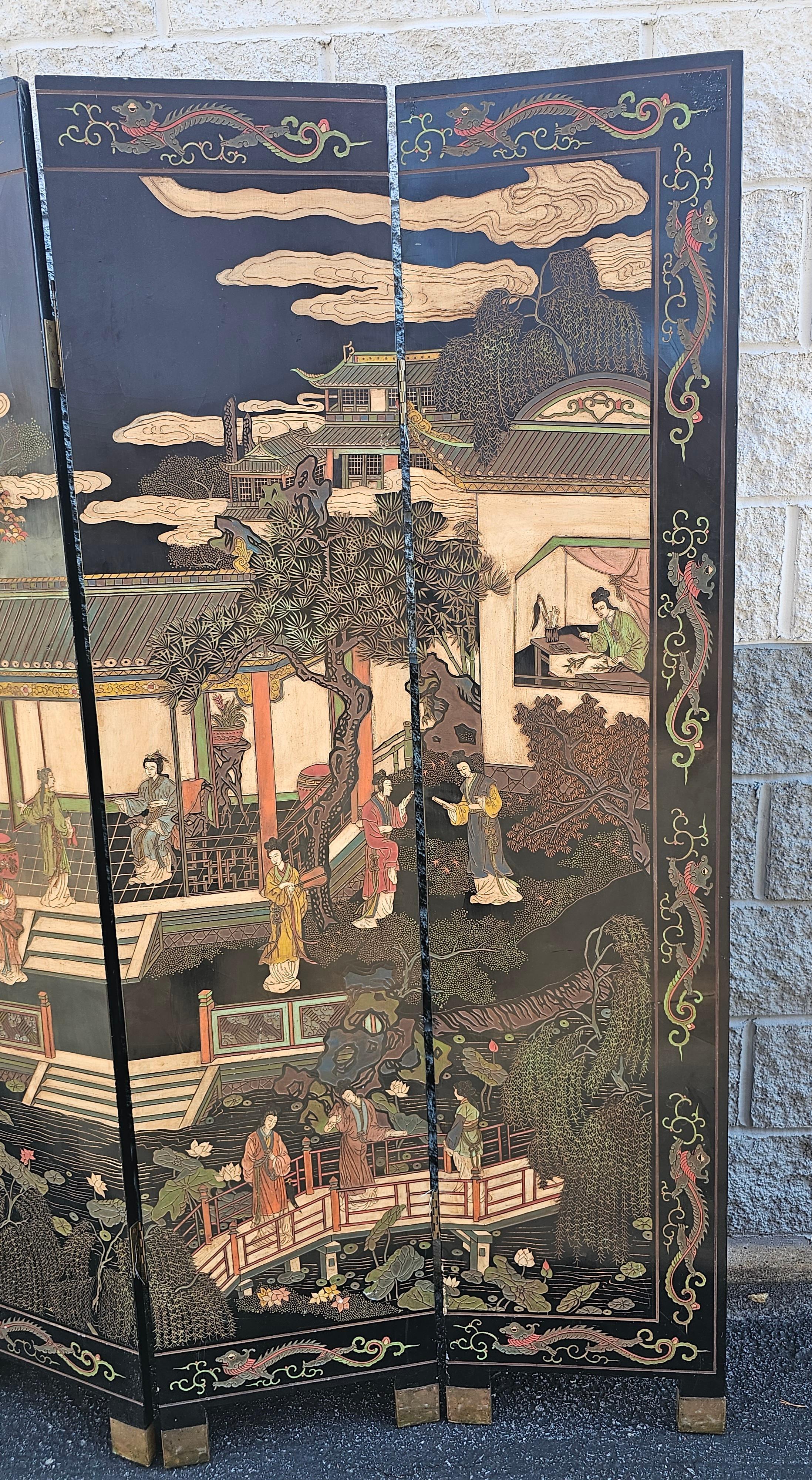 American Mid-20th C. Imperial East Coromandel Etched and Painted Six-Fold Floor Screen For Sale