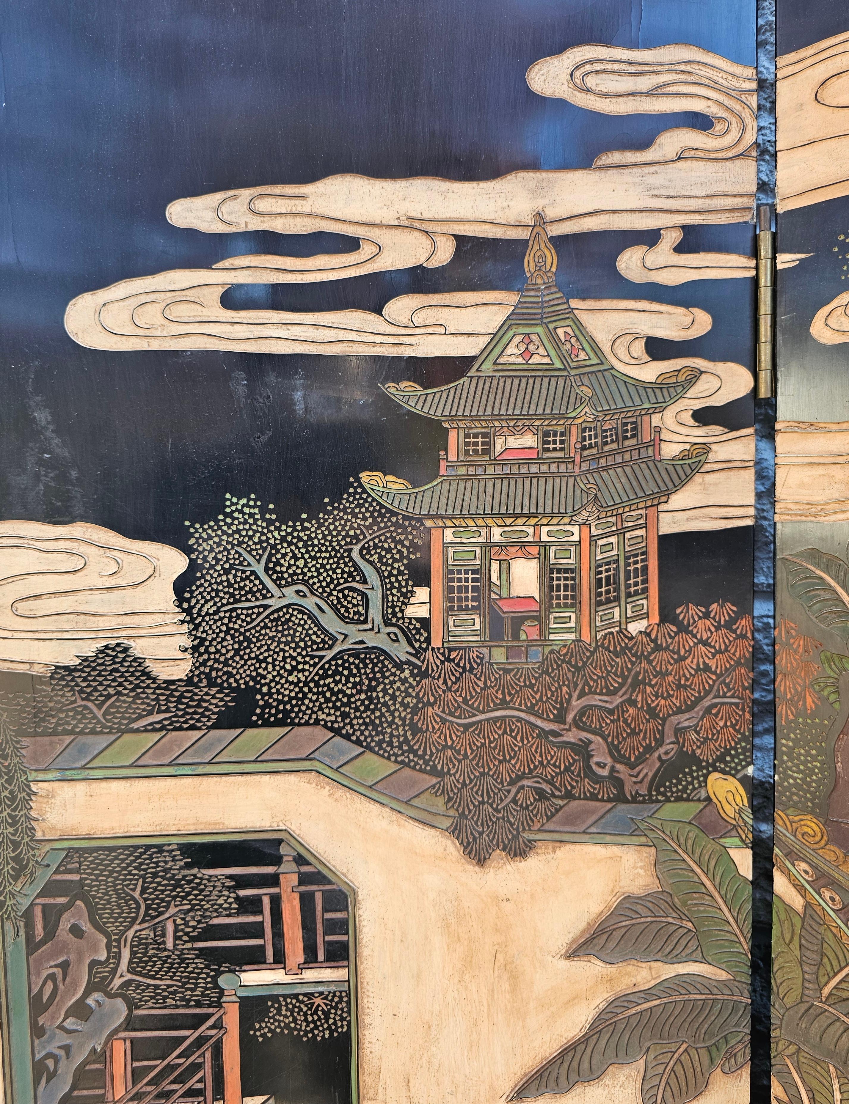 Bois Paravent impérial East Coromandel du milieu du 20e siècle gravé et peint à six volets en vente