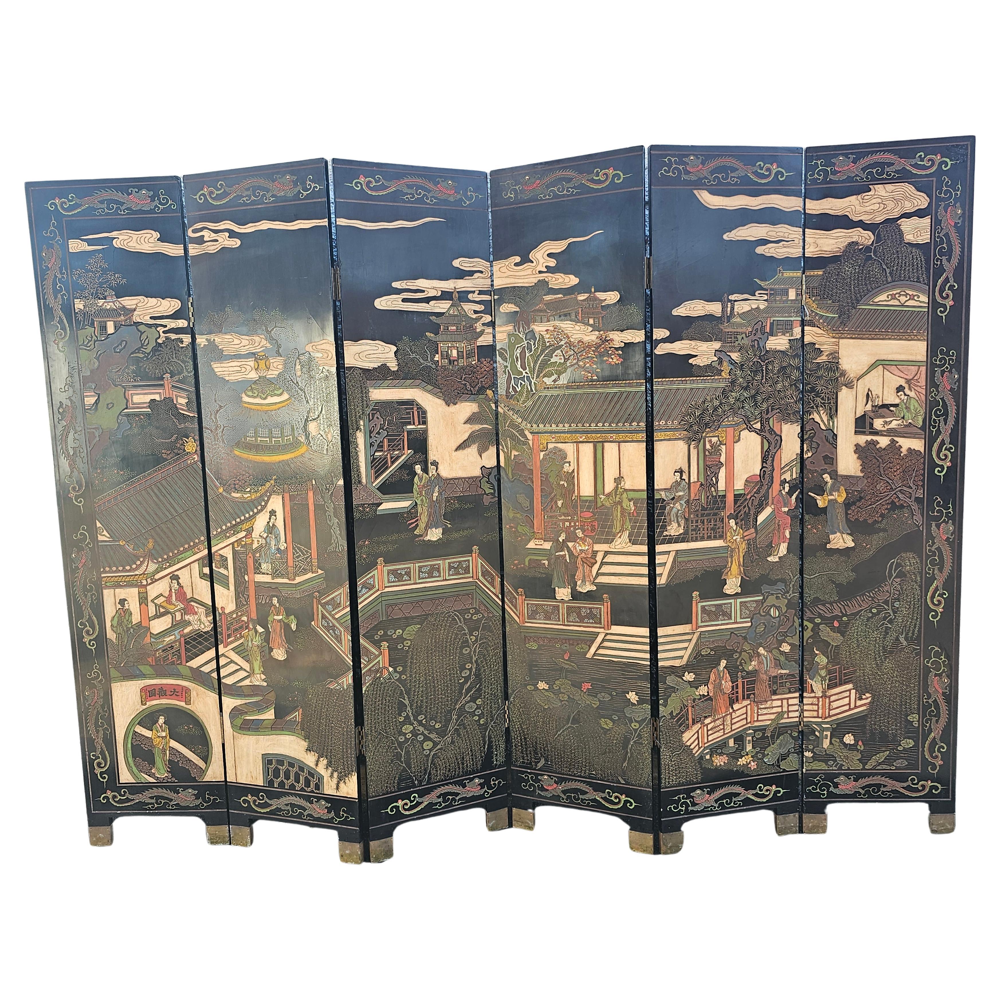 Paravent impérial East Coromandel du milieu du 20e siècle gravé et peint à six volets en vente