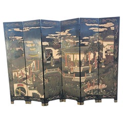 Mid-20th C. Imperial East Coromandel Etched and Painted Six-Fold Floor Screen