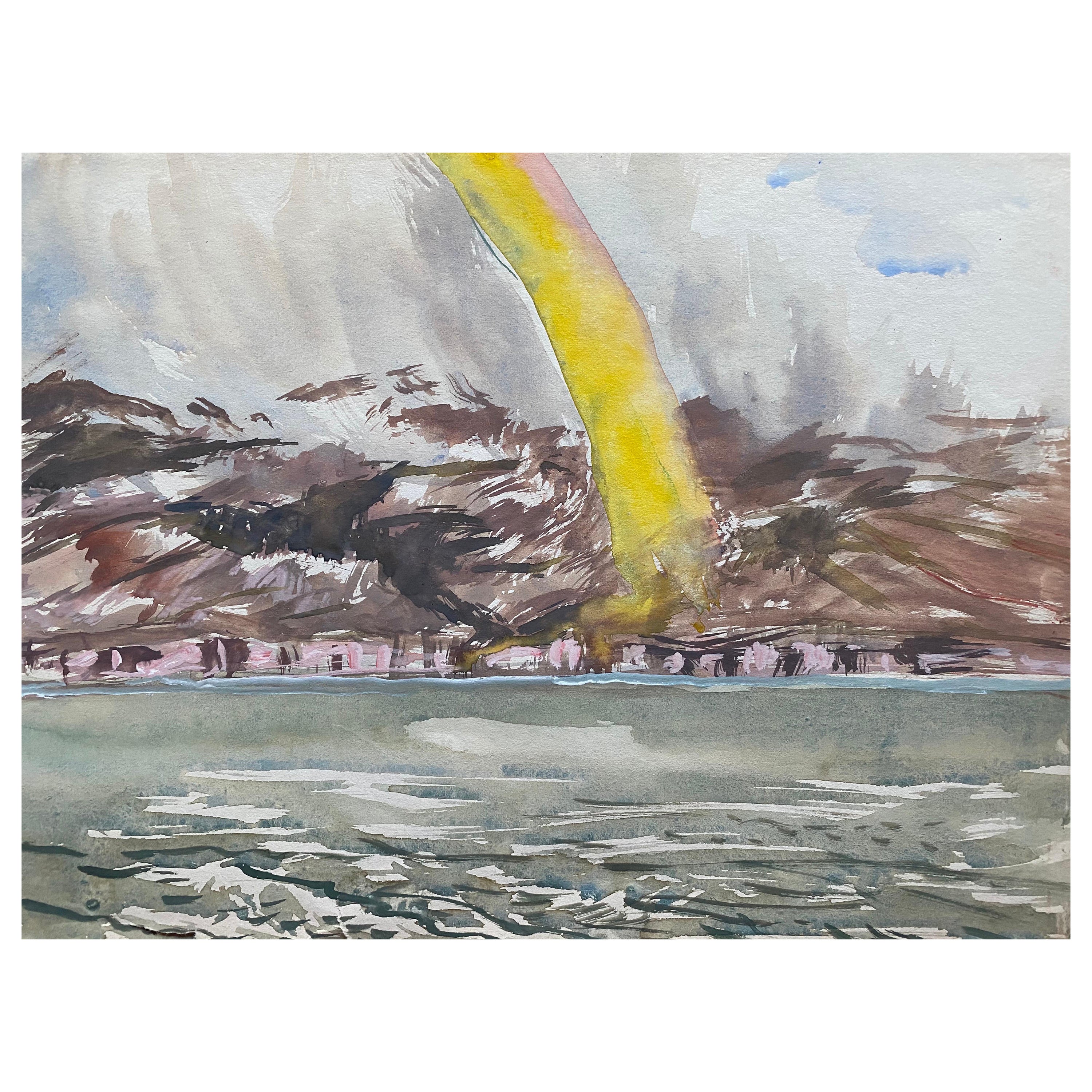 Irisches Aquarellgemälde einer Küstenlandschaft mit Regenbogen, Mitte des 20. Jahrhunderts