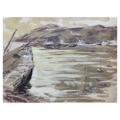 Irisches Künstler-Aquarellgemälde eines rustikalen Strandes mit Booten, Mitte des 20. Jahrhunderts