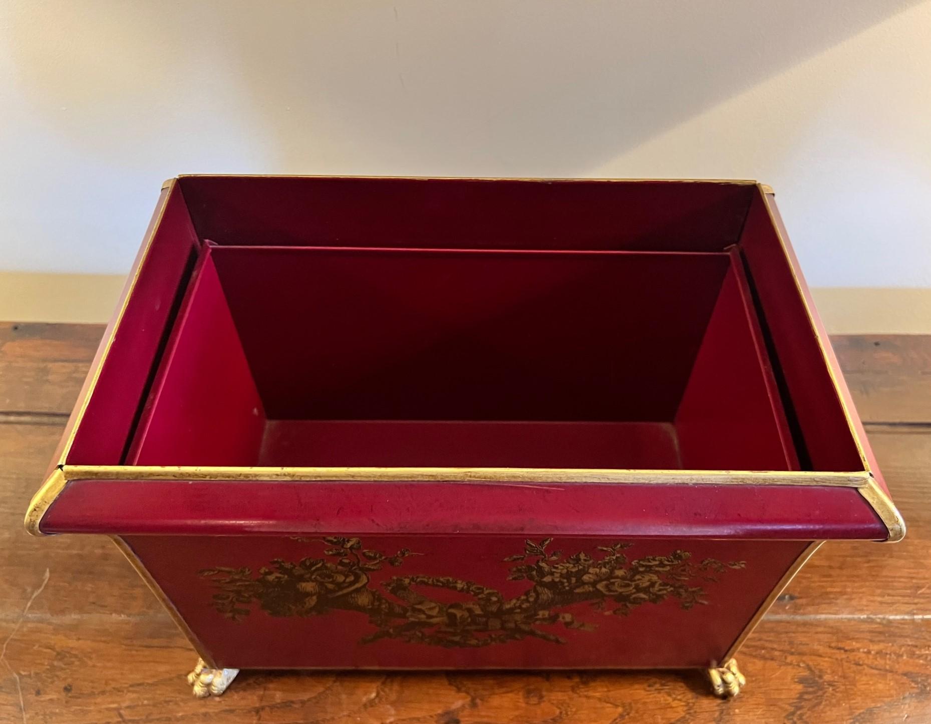 Neoclassical Revival Mid 20th C. Italian Oxblood Red and Gilt Metal Rectangular Planter