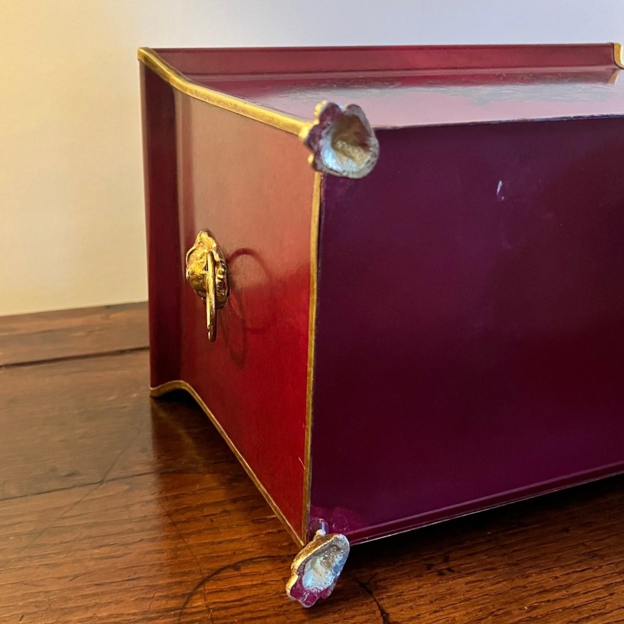 Mid 20th C. Italian Oxblood Red and Gilt Metal Rectangular Planter 1