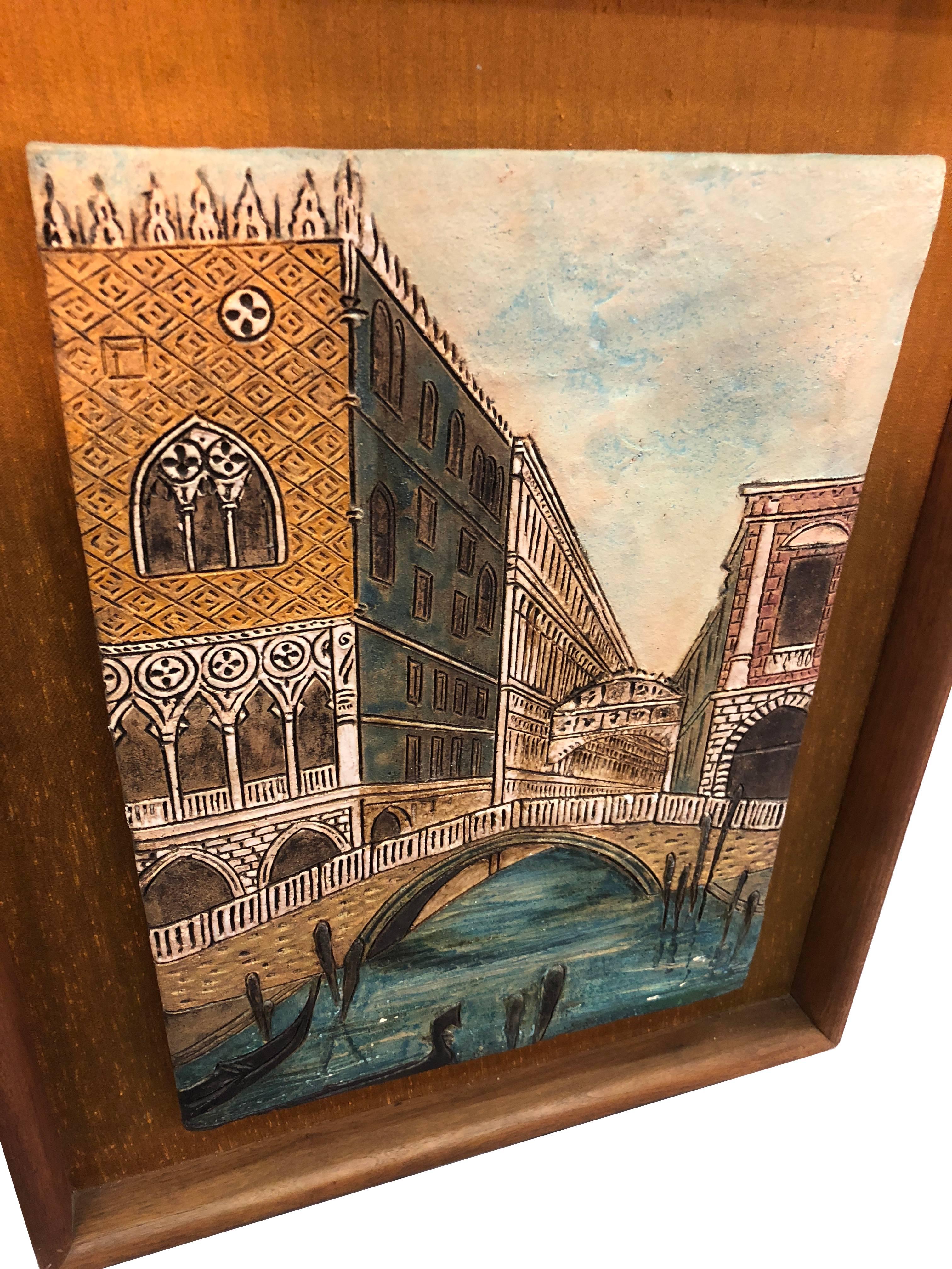 American Mid-20th Century Italian Scene Tile Framed Wall Plaque For Sale