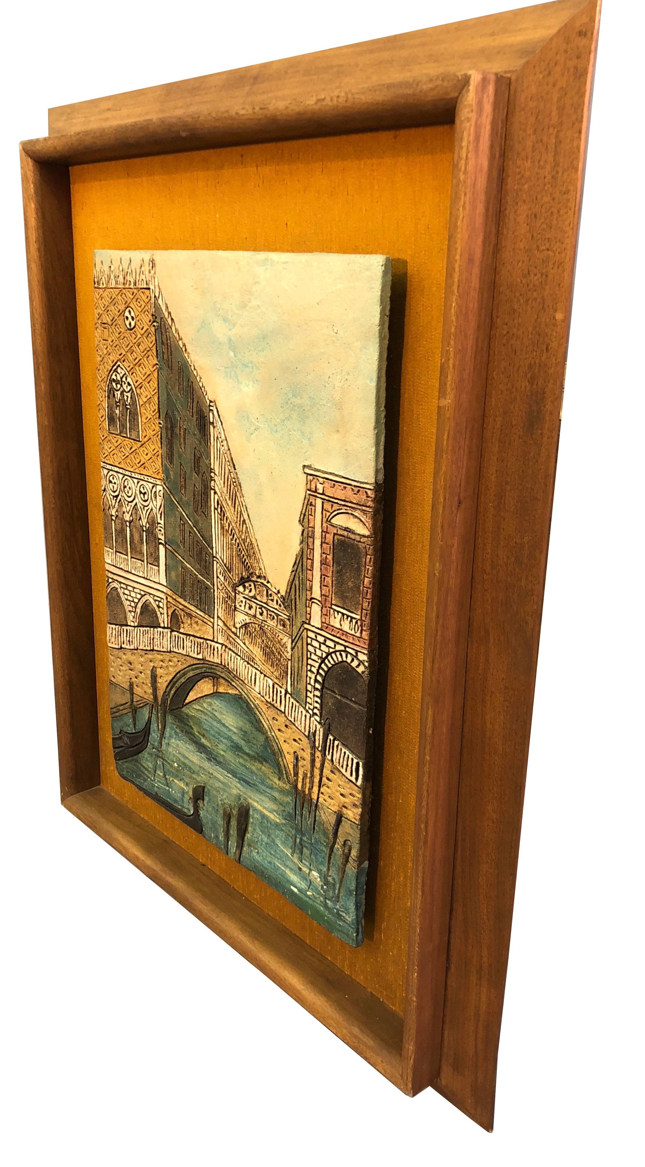 Mid-20th Century Italian Scene Tile Framed Wall Plaque In Good Condition For Sale In Amherst, NH