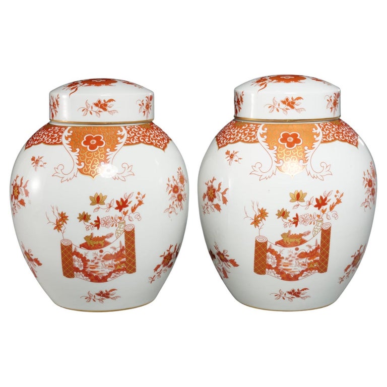 Mid 20th C. Kutani Style French Porcelain Lidded Ginger Jars A Pair