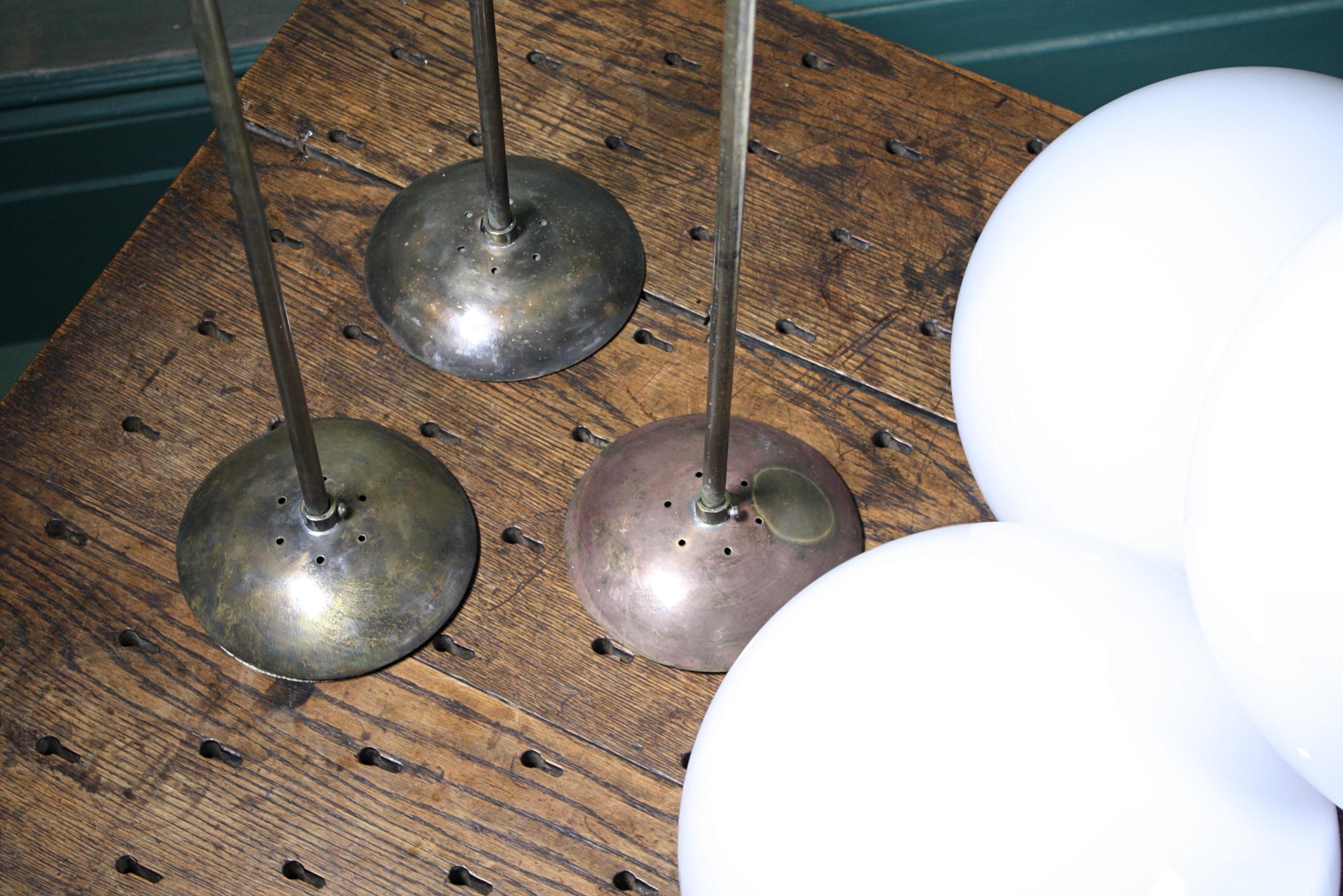 English Mid-20th Century Large Glass Opaline and Brass Globe Pendants Lights 5 Available