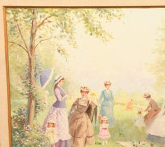 Mid 20th C. Louis Ramon, Paris Park Picnic Scene, Large Framed Oil on Canvas