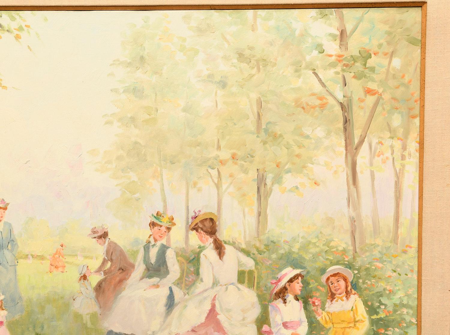 Belle Époque Mid 20th C. Louis Ramon, Paris Park Picnic Scene, Large Framed Oil on Canvas For Sale
