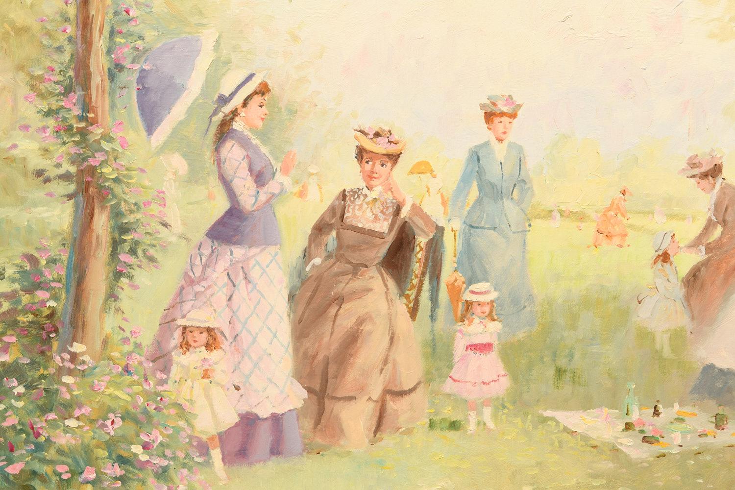 French Mid 20th C. Louis Ramon, Paris Park Picnic Scene, Large Framed Oil on Canvas For Sale