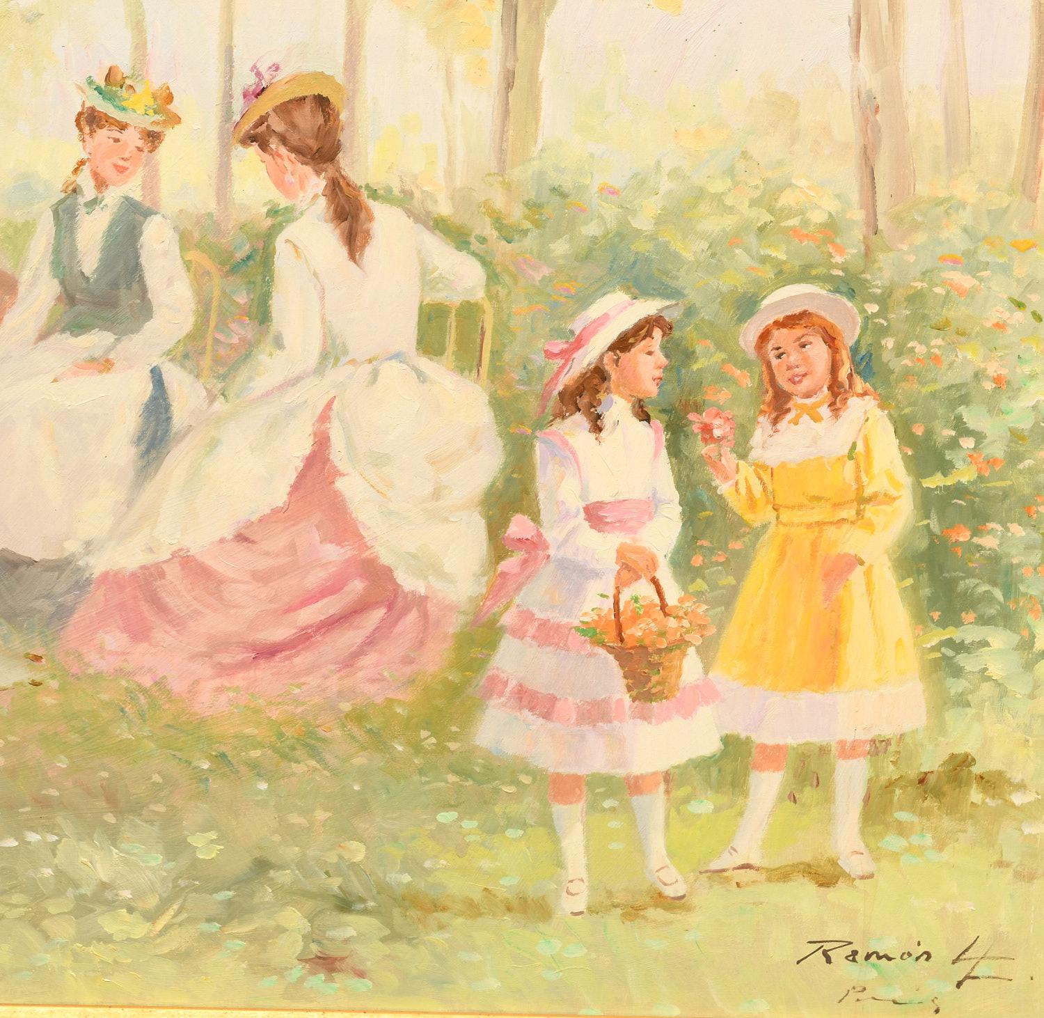 Hand-Painted Mid 20th C. Louis Ramon, Paris Park Picnic Scene, Large Framed Oil on Canvas For Sale