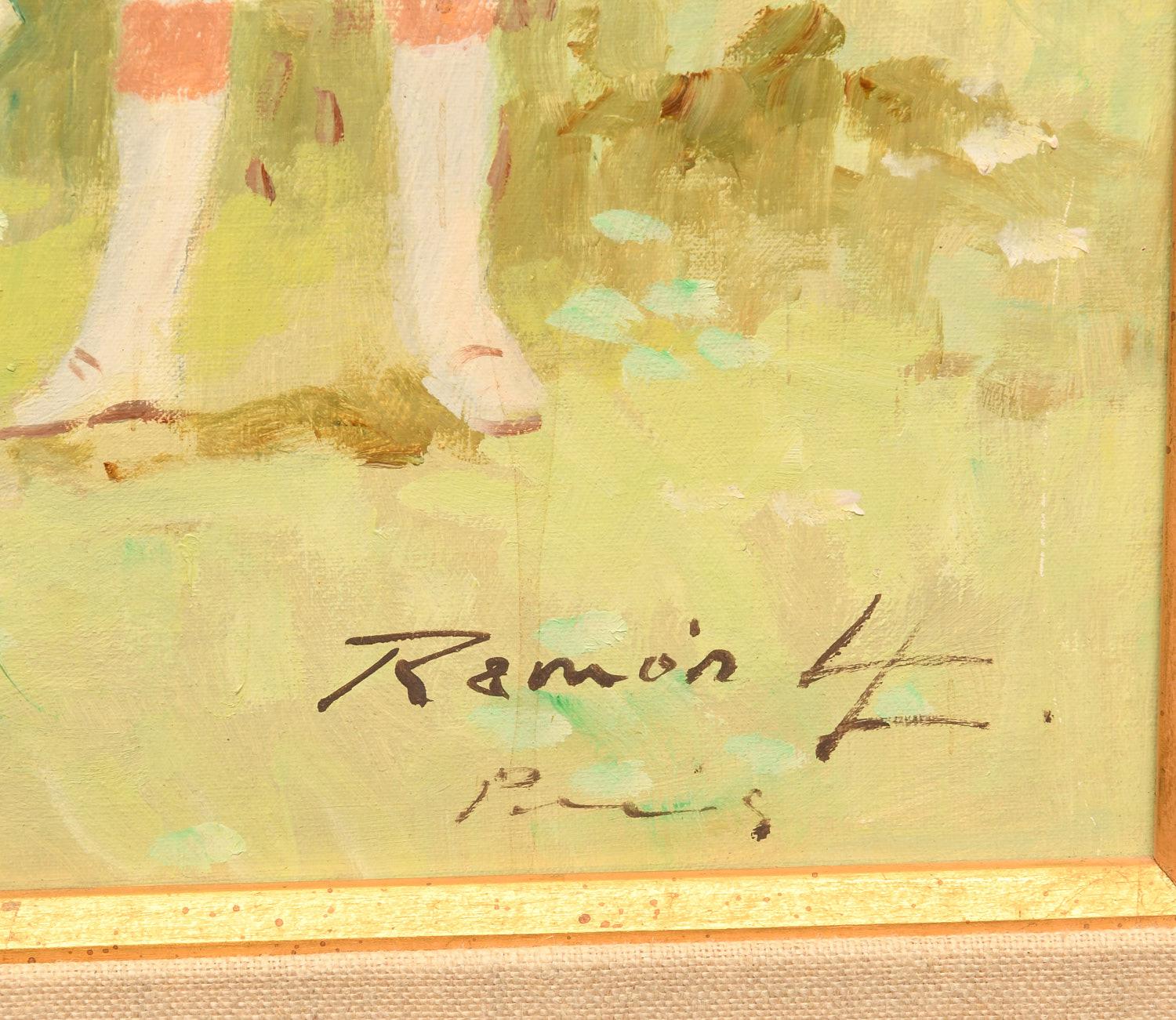 Mid 20th C. Louis Ramon, Paris Park Picnic Scene, Large Framed Oil on Canvas In Good Condition For Sale In Morristown, NJ