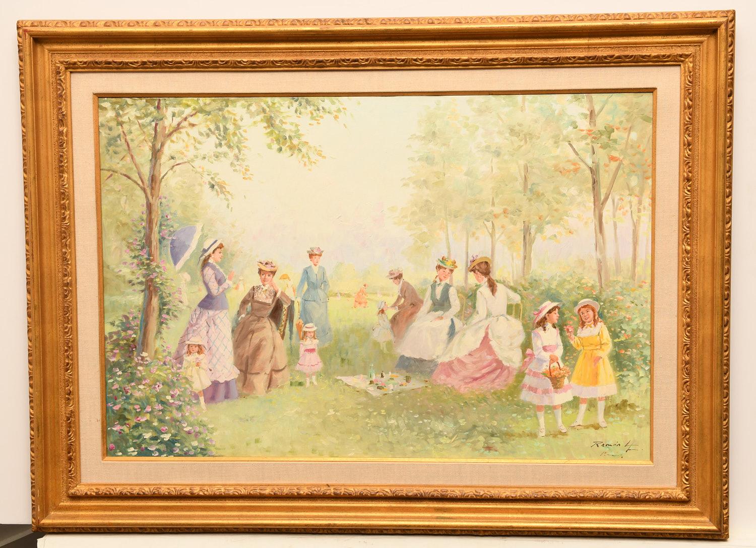 Mid 20th C. Louis Ramon, Paris Park Picnic Scene, Large Framed Oil on Canvas For Sale 1
